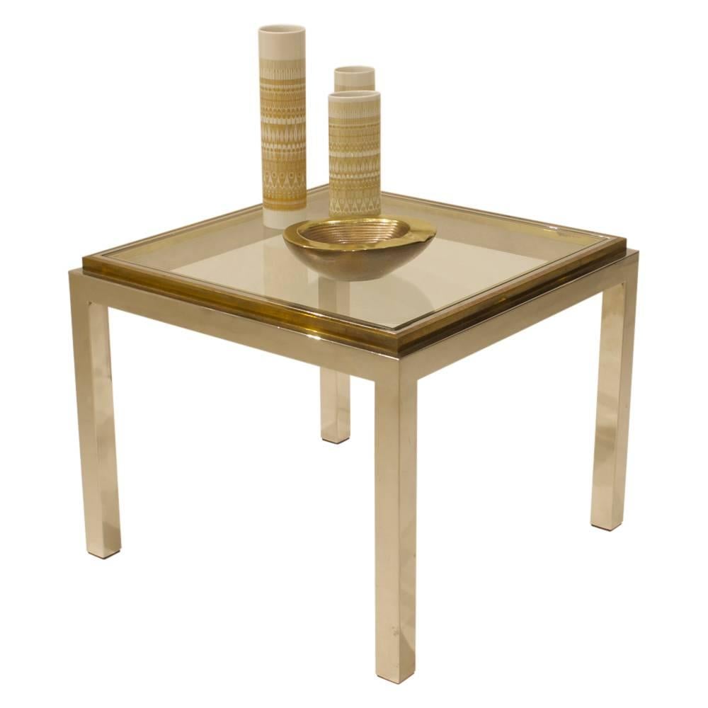 Jean Charles Side Table Square Brass, Chrome and Glass Signed France, 1970s 1