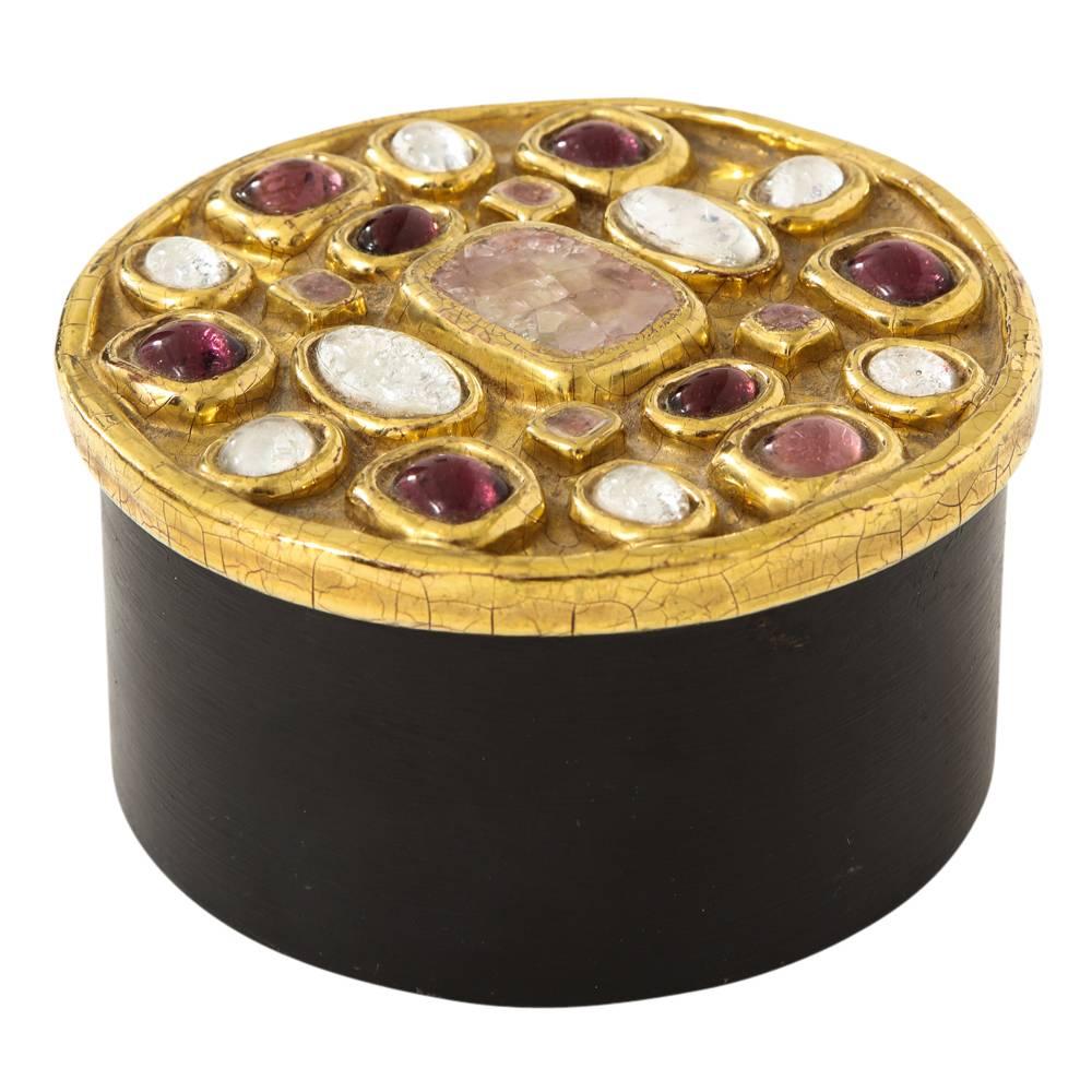 Moderne Boîte en céramique de Francois Lembo émaillée de craquelures ornées de bijoux dorés, France, 1970