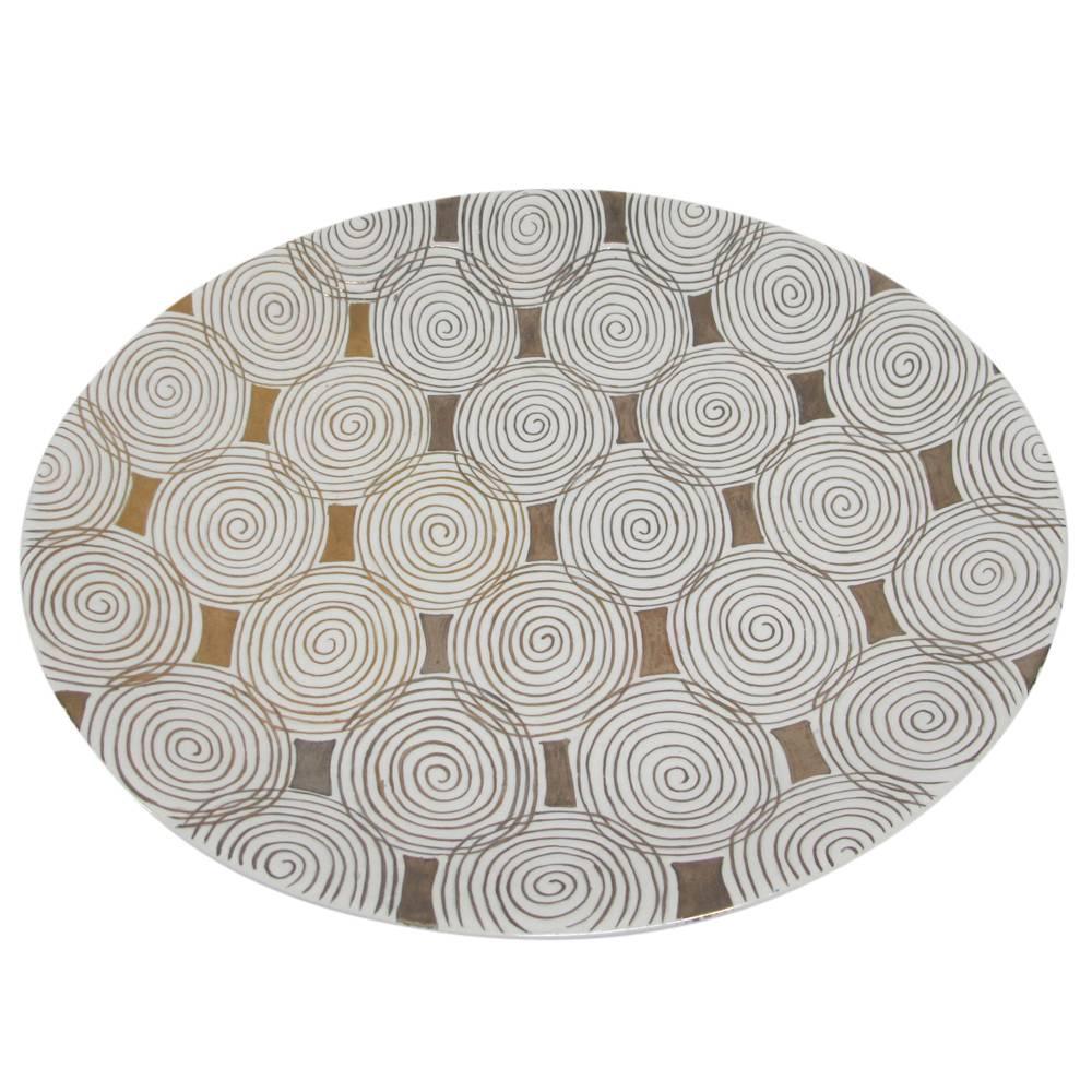 Jay Spectre Silvestri porcelain charger gold platinum white signed, USA, 1990s. Art Deco inspired circular patterns in both gold and platinum over white glazed porcelain. Large platter. The Smithsonian named Spectre one of its top ten designers of