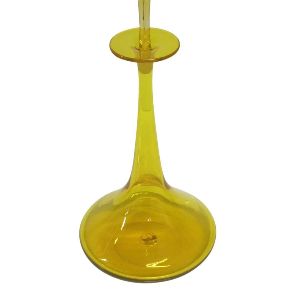 Wayne Husted for Blenko glass decanter, Jonquil Yellow. Tall bottle form glass decanter with stopper. Handblown with pontil on the underside. Blenko Model number: 6027 - Jonquil Yellow.