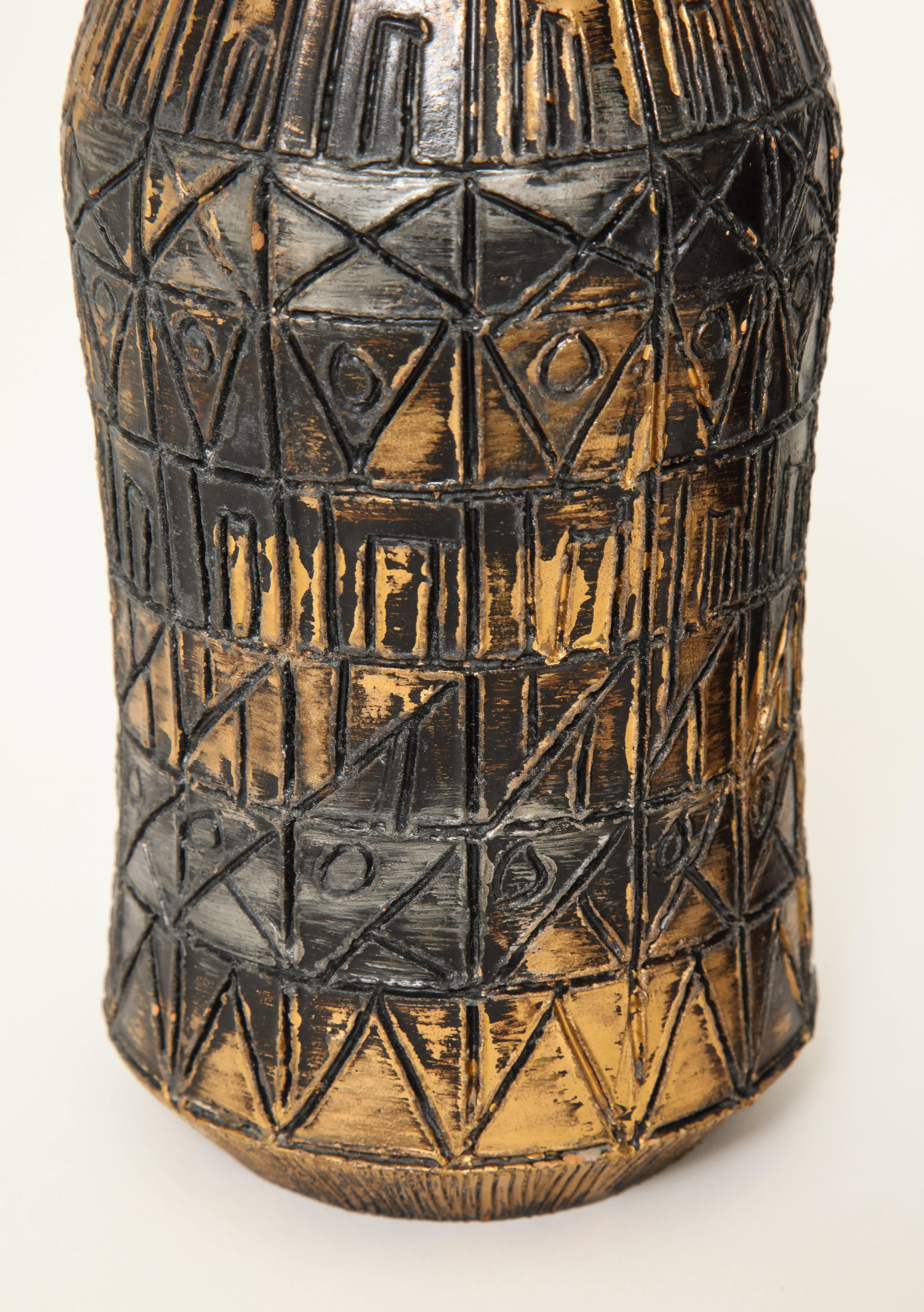 Mid-20th Century Raymor Vases, Ceramic, Sgraffito, Gold, Silver, Bronze, Signed For Sale