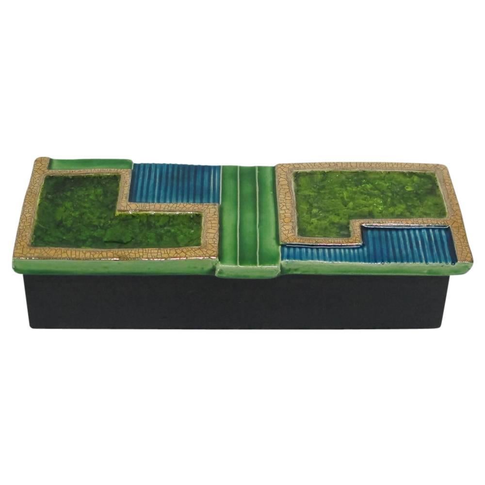 Francois Lembo ceramic green blue gold box, France, 1970s. Large scale box with an assortment of glaze colors and textures. The base is painted black wood.