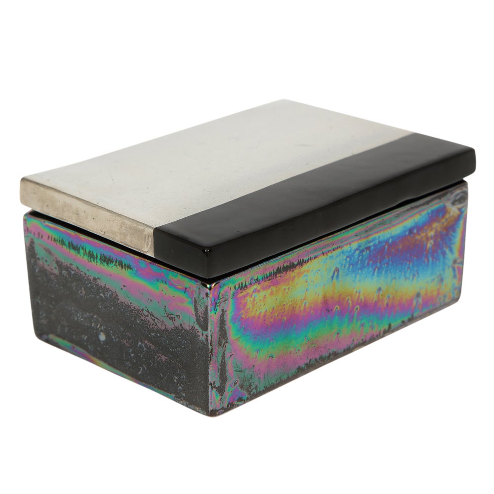 Caja Bitossi Raymor, cerámica, plata platino metalizado, negro, iridiscente, firmada