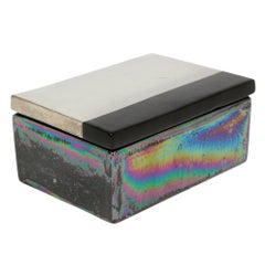 Caja Bitossi Raymor, cerámica, plata platino metalizado, negro, iridiscente, firmada