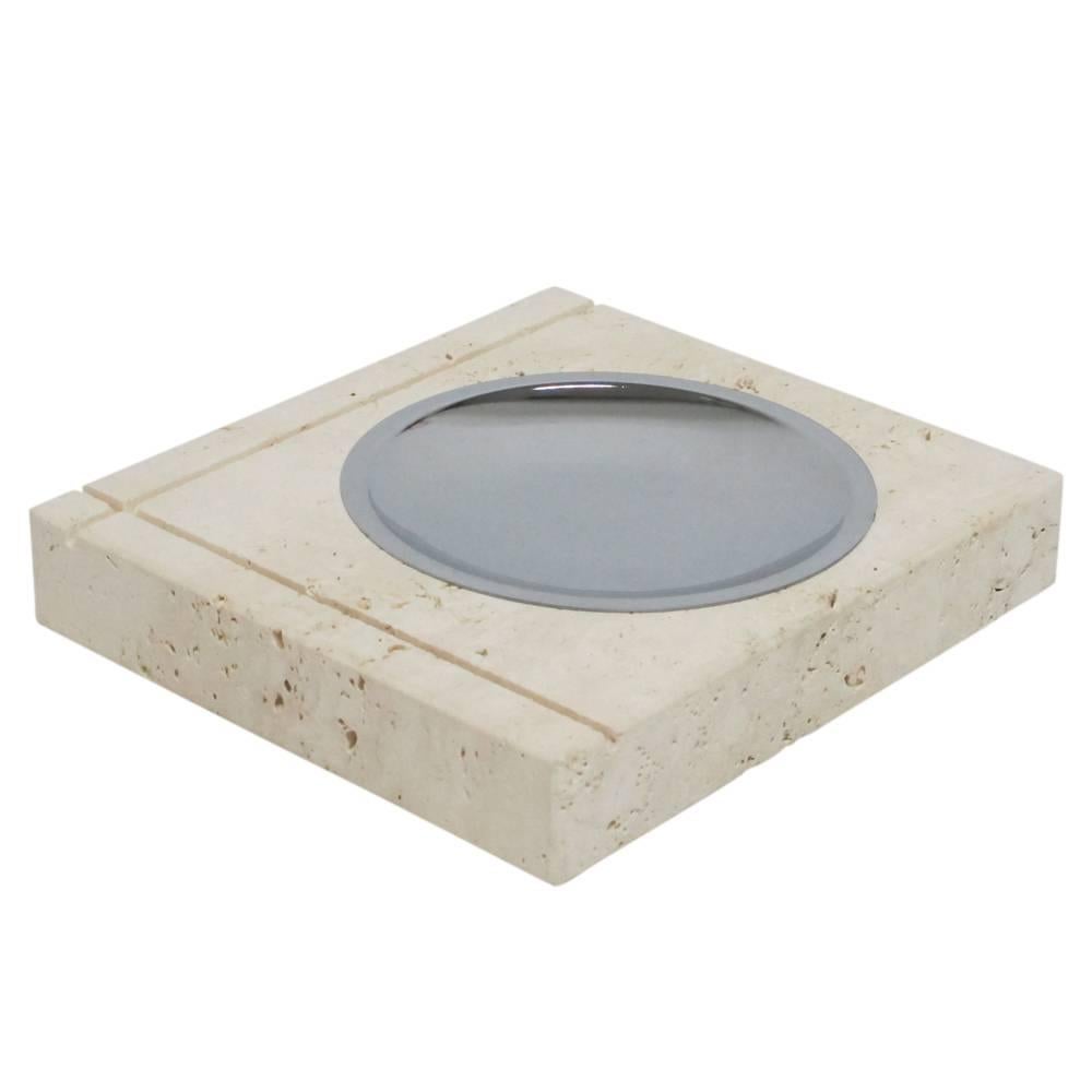Mid-Century Modern F. Lli Mannelli Ashtray, Travertine and Stainless Steel, Signed