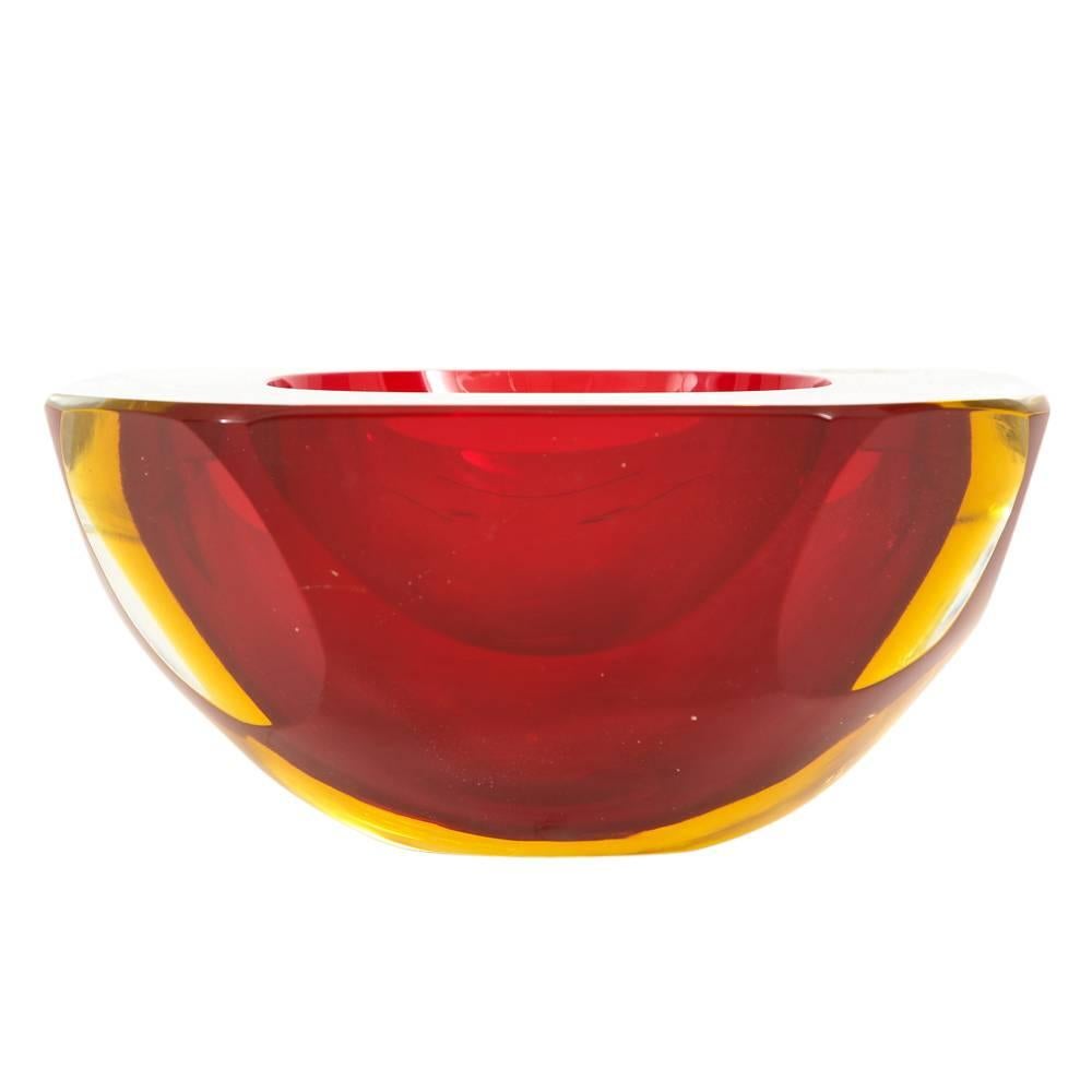 Italian Alessandro Mandruzzato Murano Glass Ashtray Bowl, Sommerso, Faceted, Red, Signed For Sale