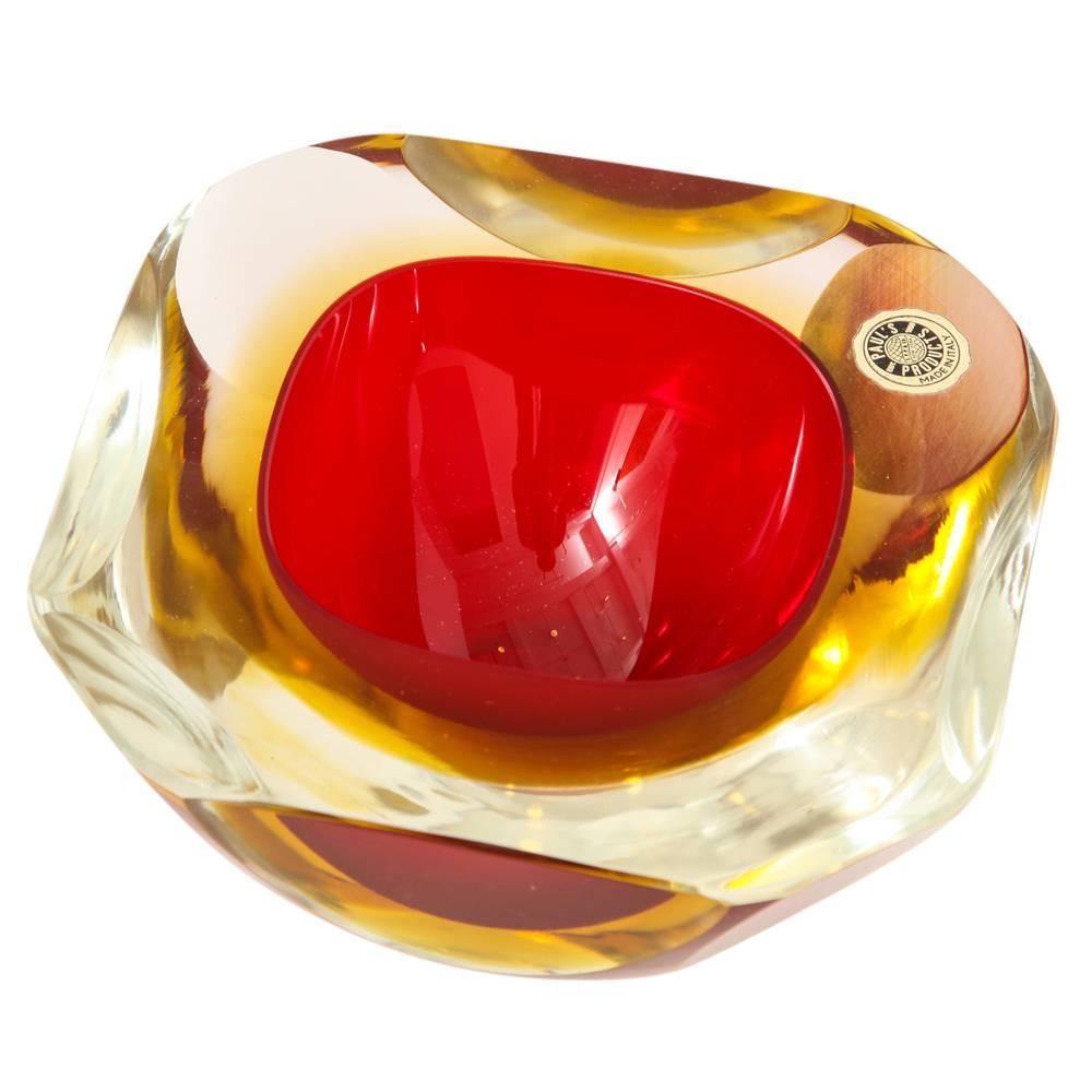 Mid-Century Modern Alessandro Mandruzzato Murano Glass Ashtray Bowl, Sommerso, Faceted, Red, Signed For Sale