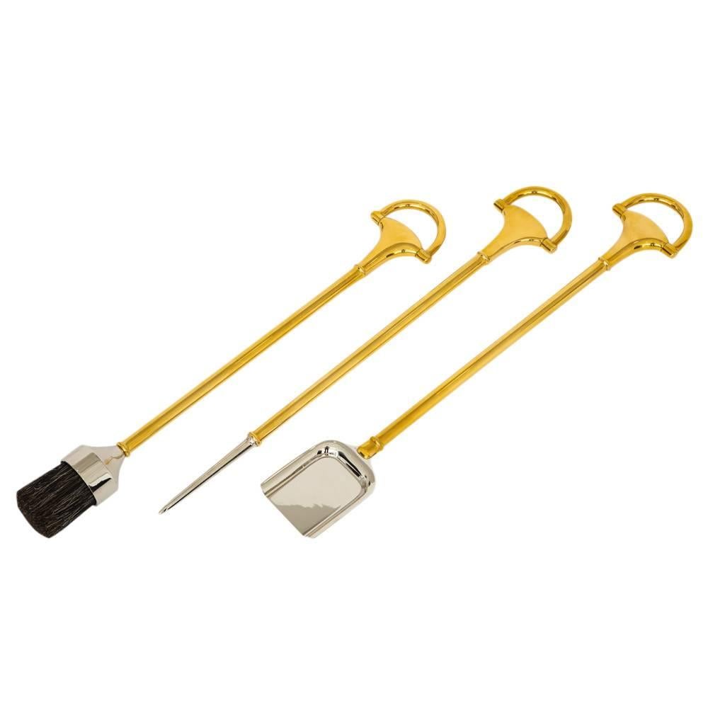 Late 20th Century Gucci Horsebit Fireplace Tools, Gold Tone Brass and Silver Chrome, Signed For Sale