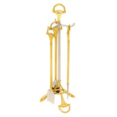 Gucci Horsebit Kaminbesteck, goldfarbenes Messing, silbernes Chrom, signiert