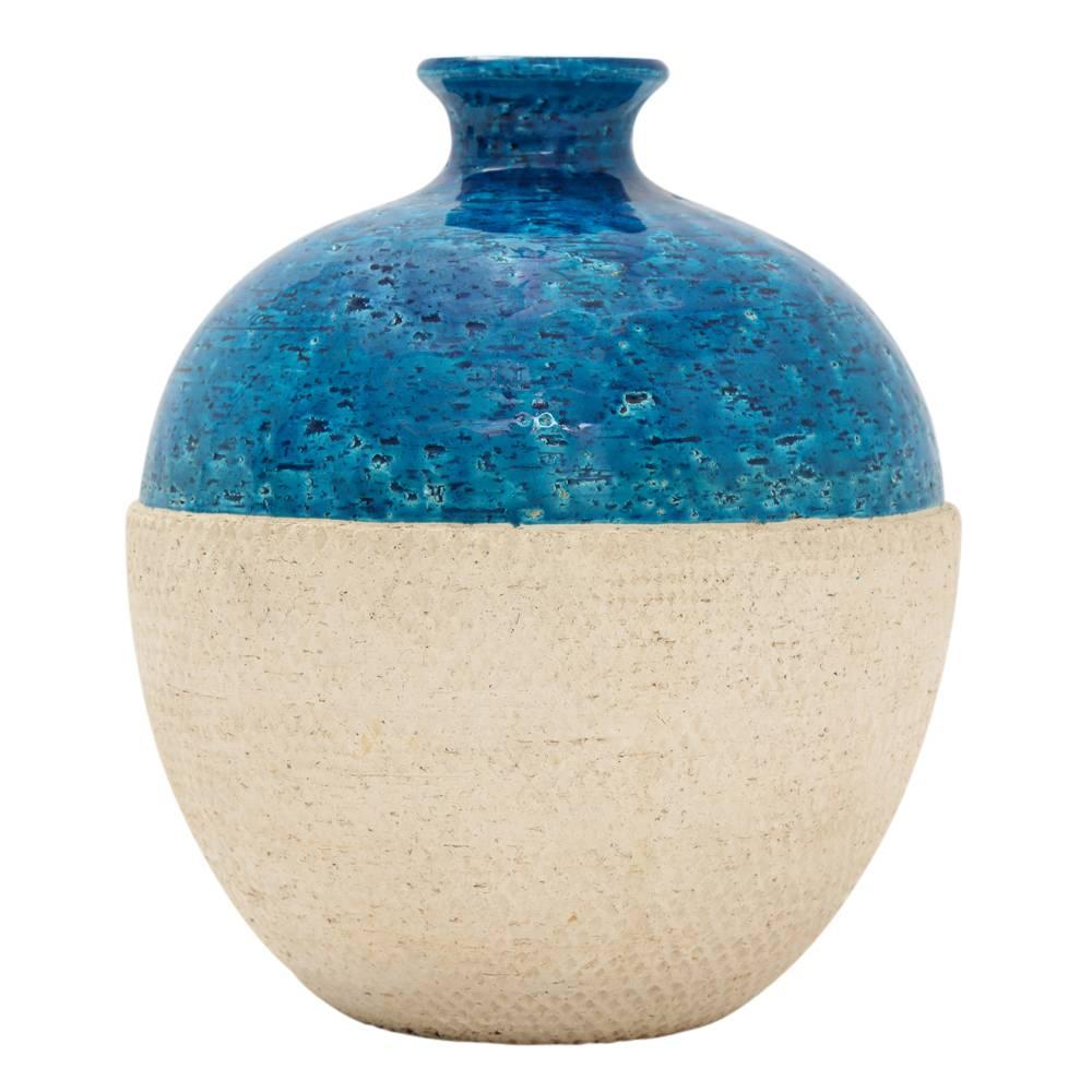 Glazed Bitossi Ceramic Vase Rimini Blue White Embossed, Italy, 1960s