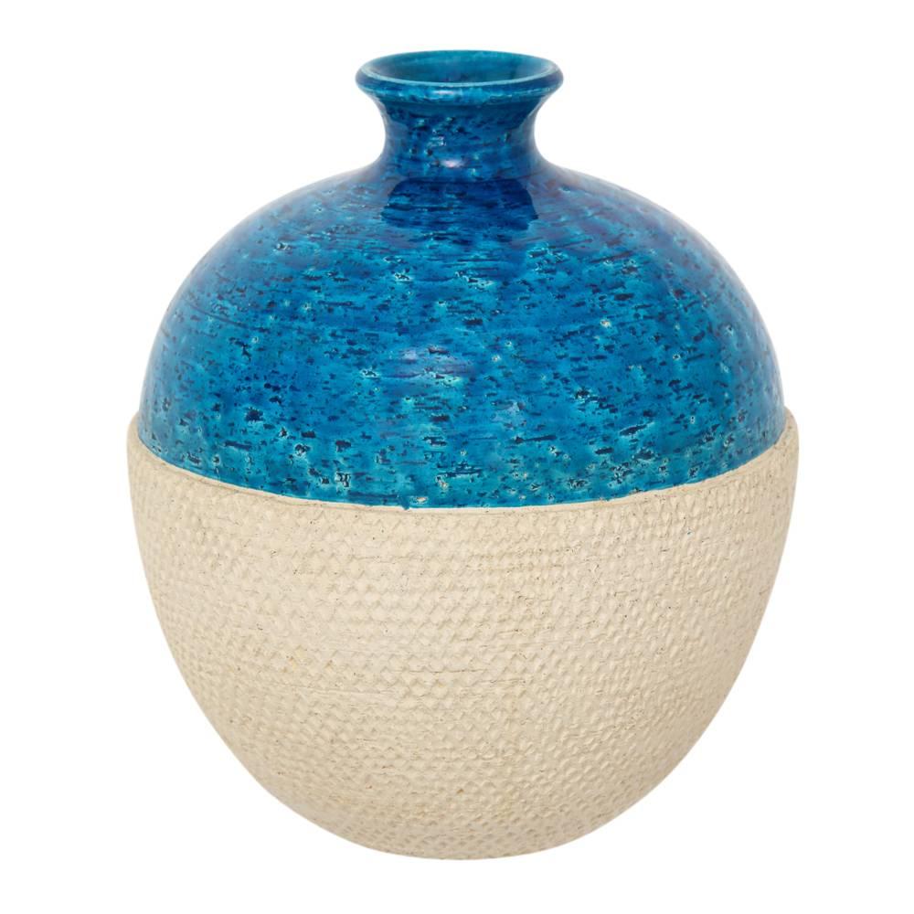 Italian Bitossi Ceramic Vase Rimini Blue White Embossed, Italy, 1960s