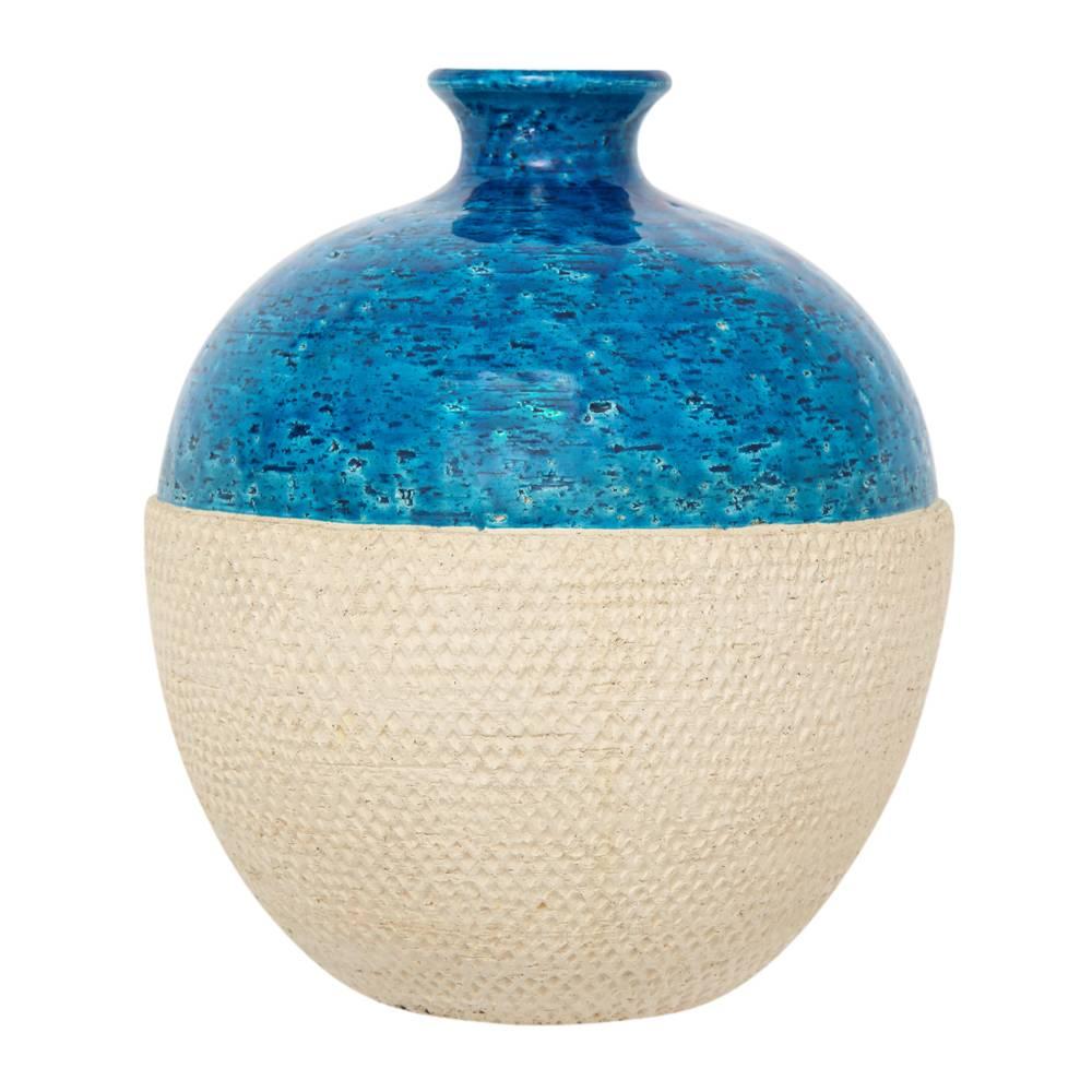 Bitossi Ceramic Vase Rimini Blue White Embossed, Italy, 1960s