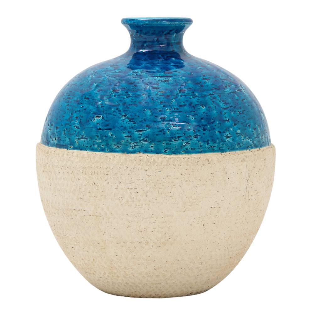 Modern Bitossi Ceramic Vase Rimini Blue White Embossed, Italy, 1960s