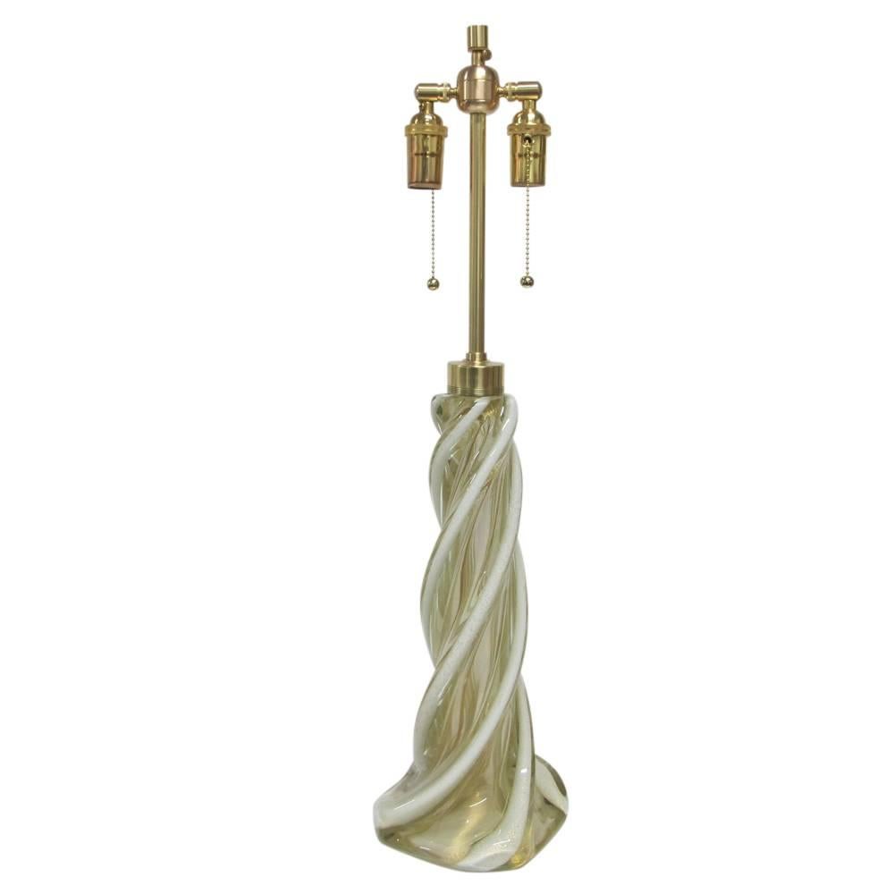 Murano glass Italian table lamps gold white twist Seguso, Italy, 1960s. Handblown with gold flecks and white cased decorative sculpted twists. Rewired with quality brass two light cluster and silk cord. Because they were handblown their sizes
