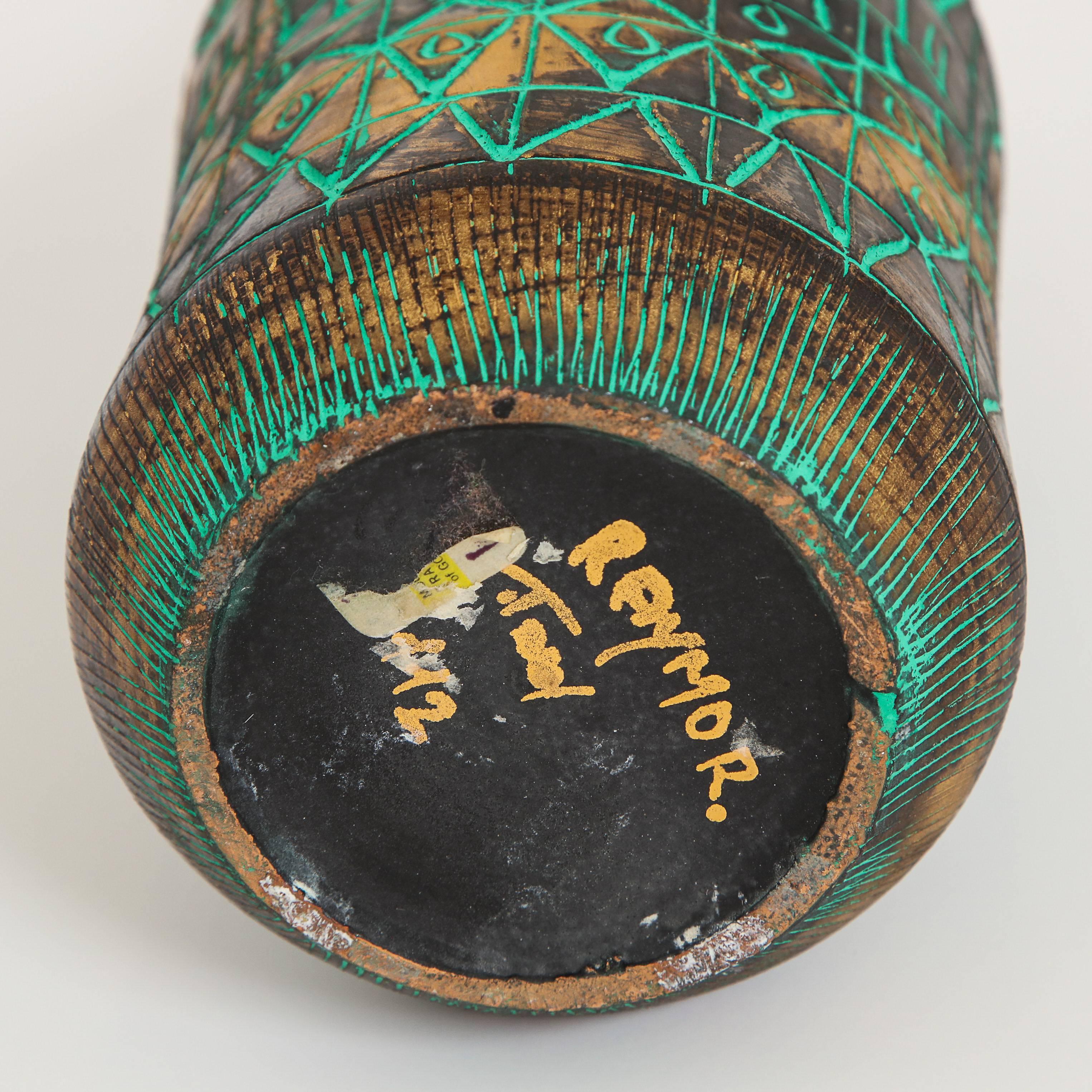 Raymor Vase, Ceramic, Sgraffito, Green, Gold, Chrome, Signed For Sale 2