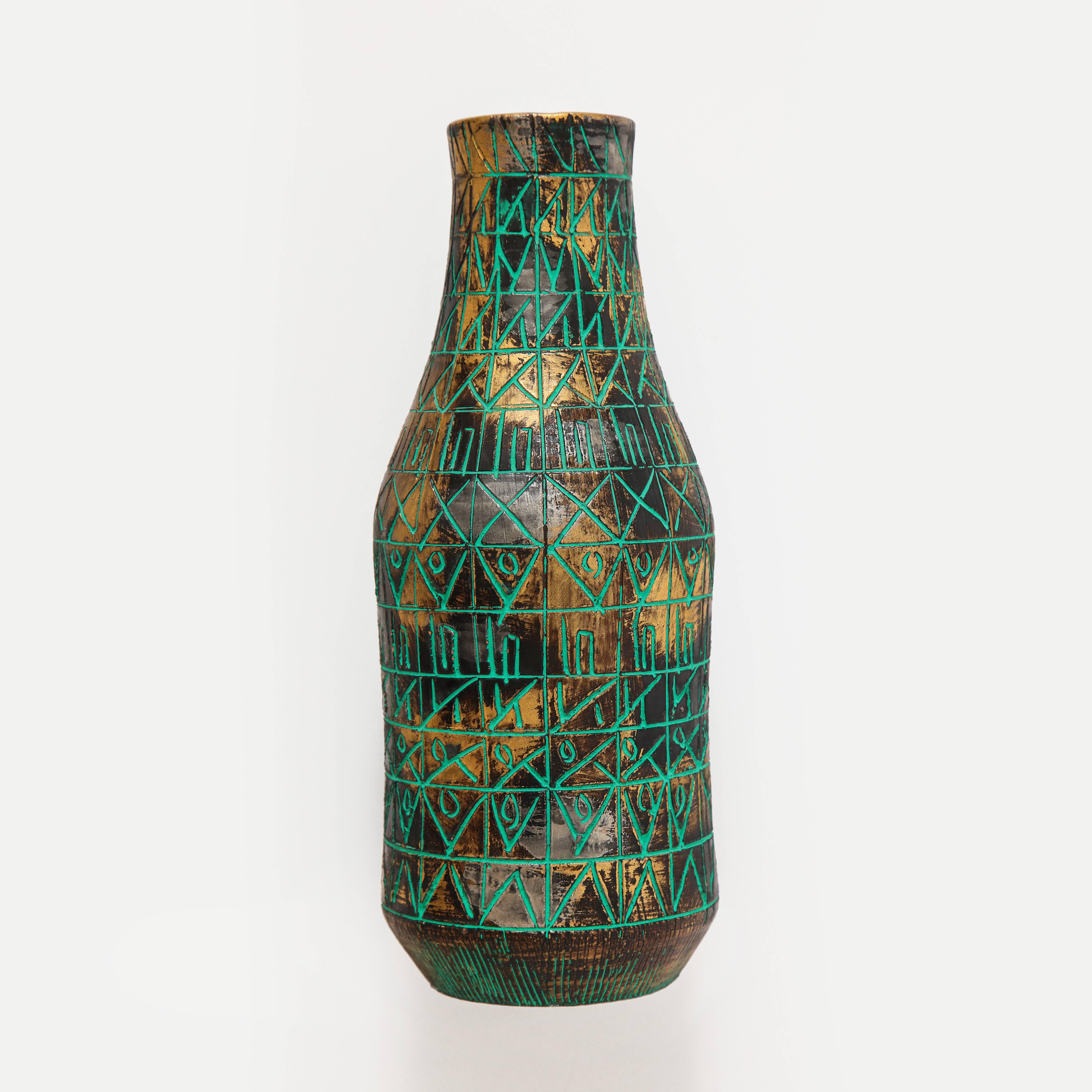 Mid-Century Modern Raymor Vase, Ceramic, Sgraffito, Green, Gold, Chrome, Signed For Sale