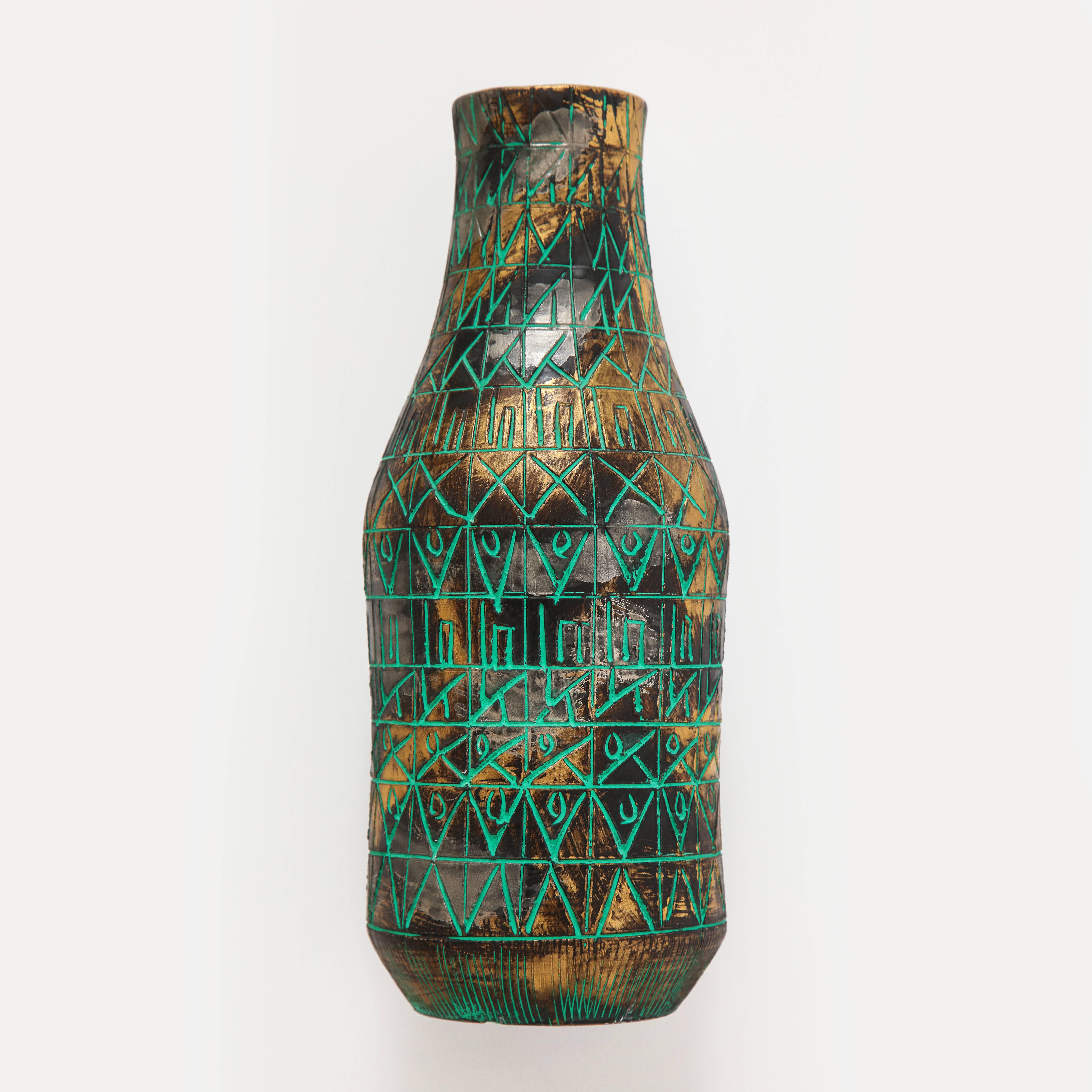 Italian Raymor Vase, Ceramic, Sgraffito, Green, Gold, Chrome, Signed For Sale