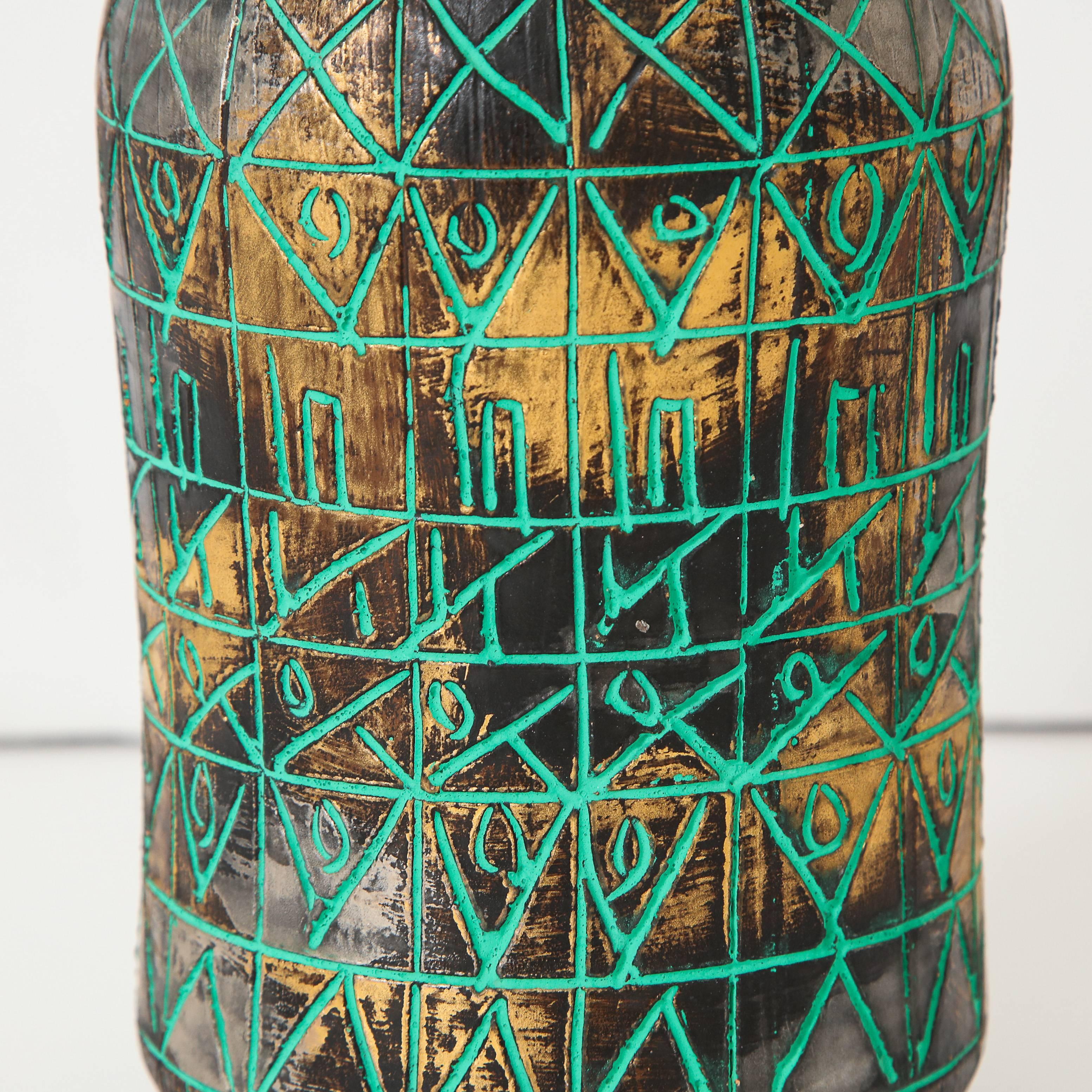 Mid-20th Century Raymor Vase, Ceramic, Sgraffito, Green, Gold, Chrome, Signed For Sale