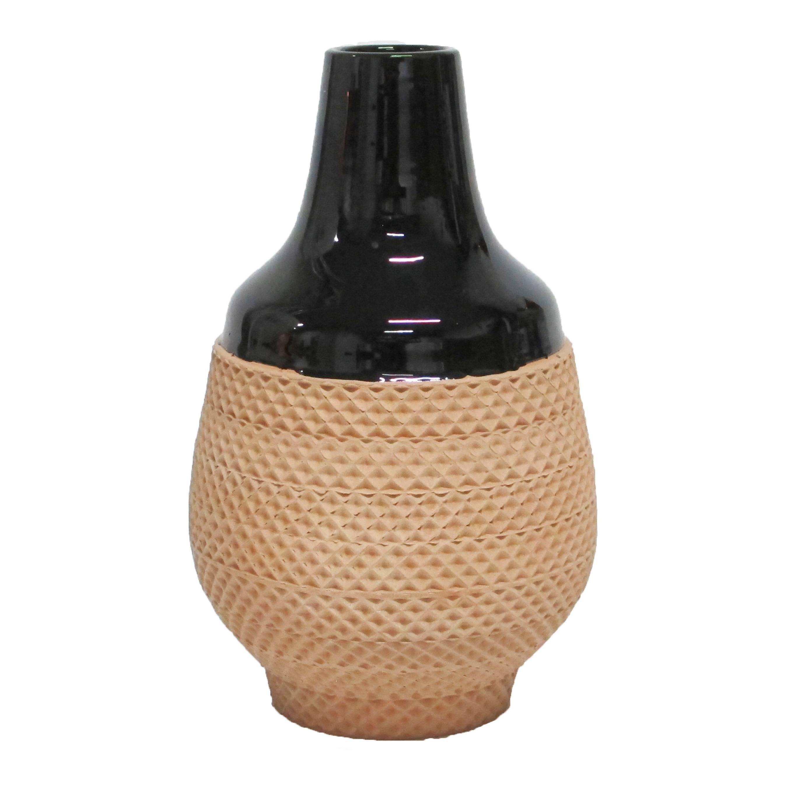 Modern Bitossi Ceramic Vase Black Terracotta Impressed Textured Signed, Italy, 1970s