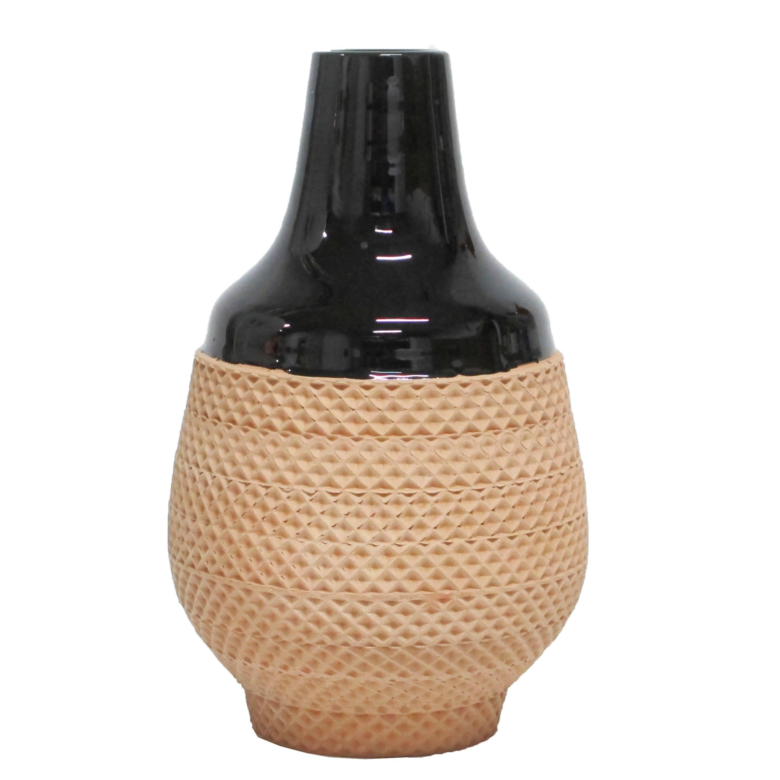 Glazed Bitossi Ceramic Vase Black Terracotta Impressed Textured Signed, Italy, 1970s