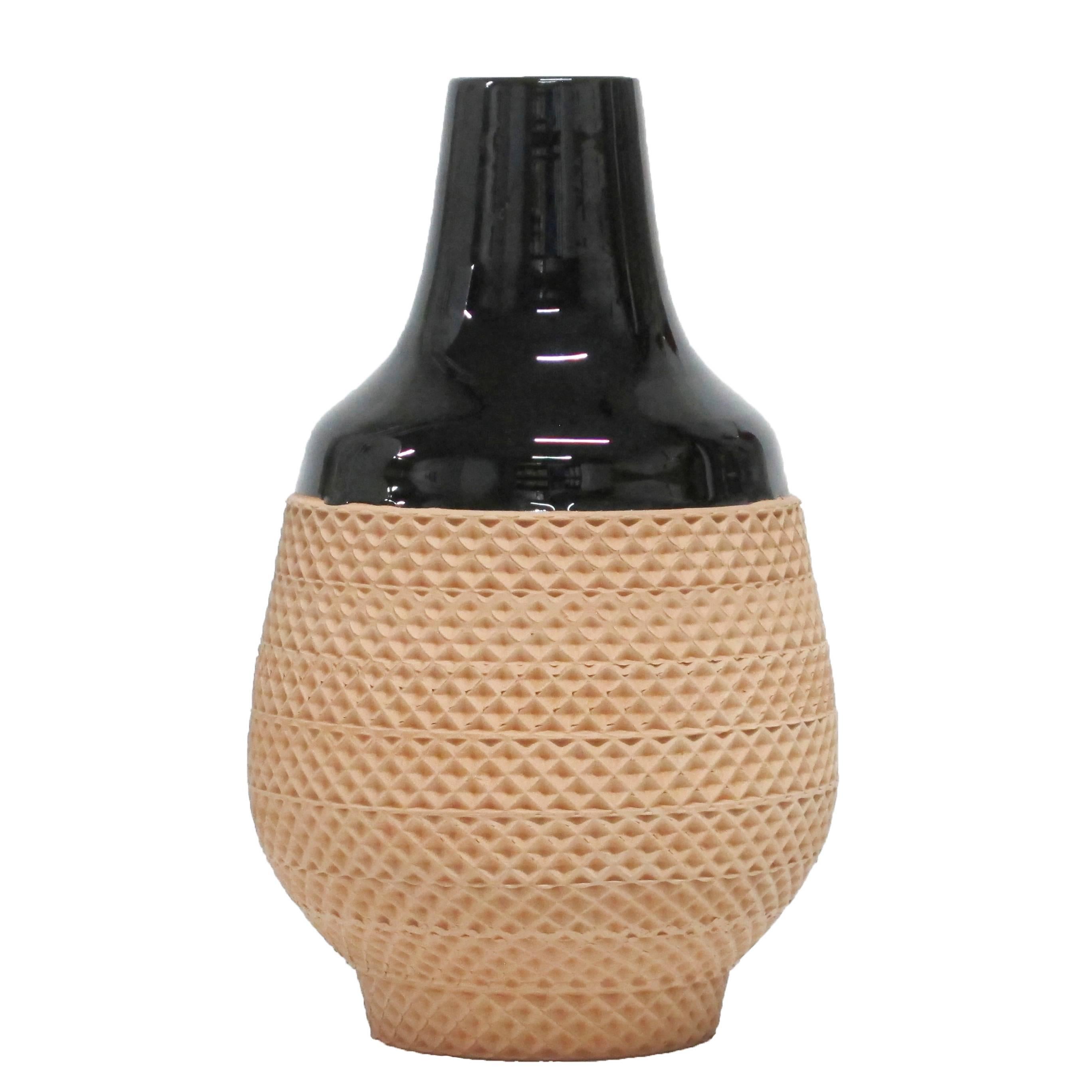 Bitossi Ceramic Vase Black Terracotta Impressed Textured Signed, Italy, 1970s