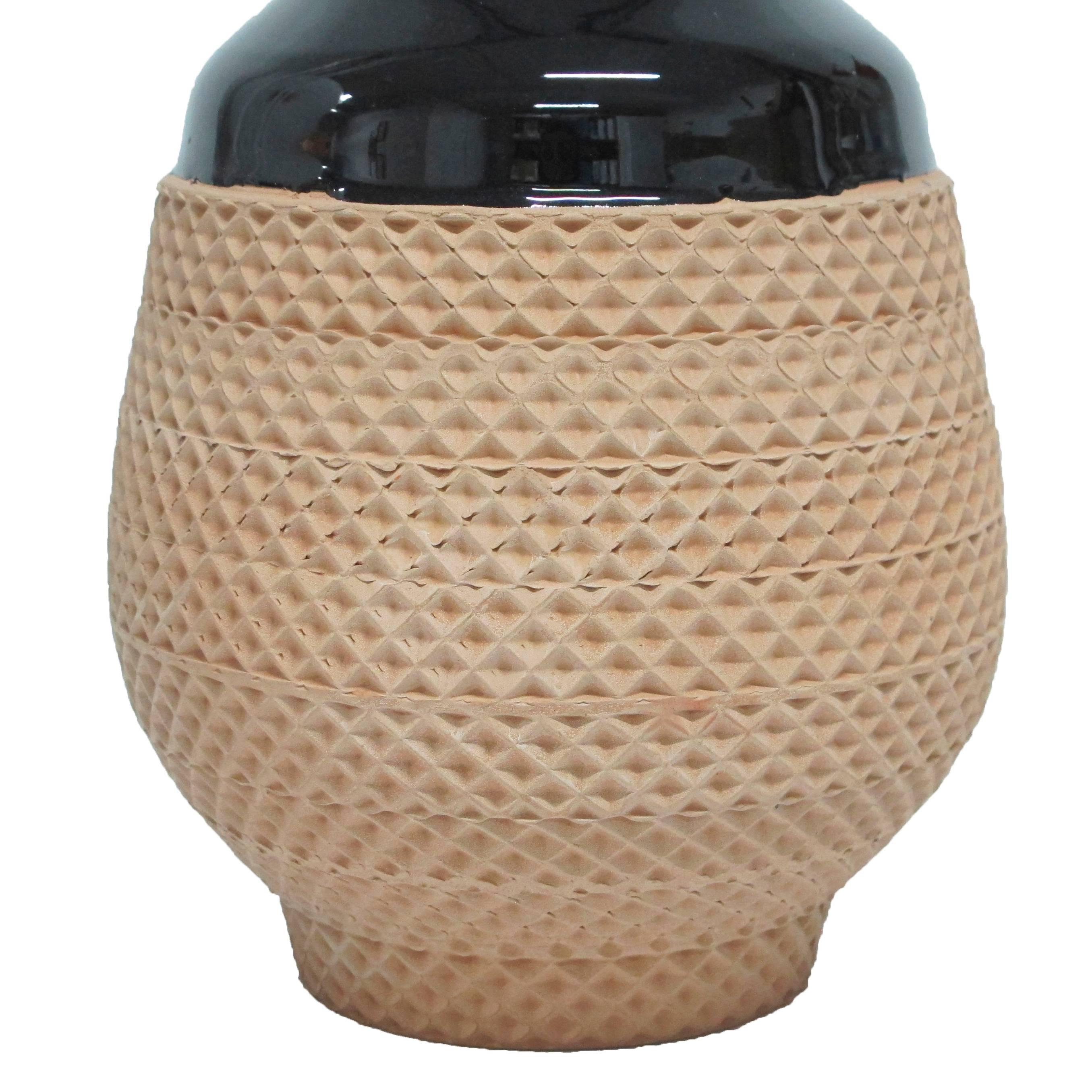 Bitossi Ceramic Vase Black Terracotta Impressed Textured Signed, Italy, 1970s 1