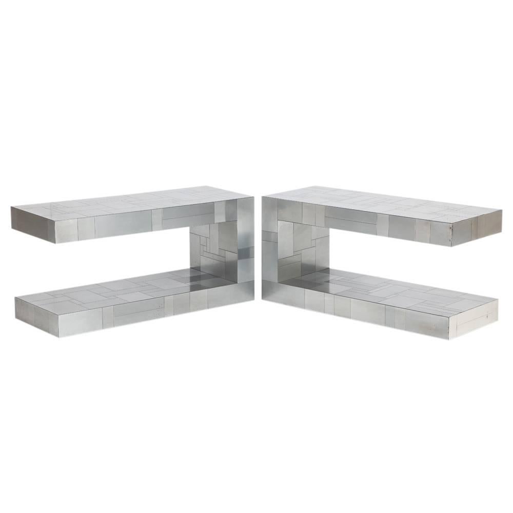 Paul Evans Cityscape Side Tables Patchwork Gunmetal Chrome, Signed, USA, 1970s