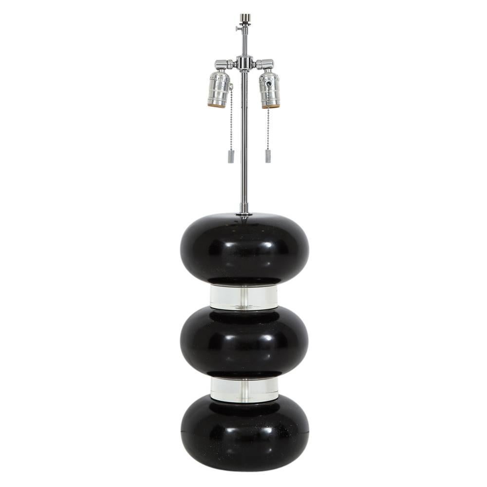 Karl Springer Table Lamp Acrylic Black Lacquer Chrome. Retains Springer's original black lacquered finish over three rounded plaster compressed spheres separated by two acrylic spacers. The body of the lamp measures 17 inches from the base to the