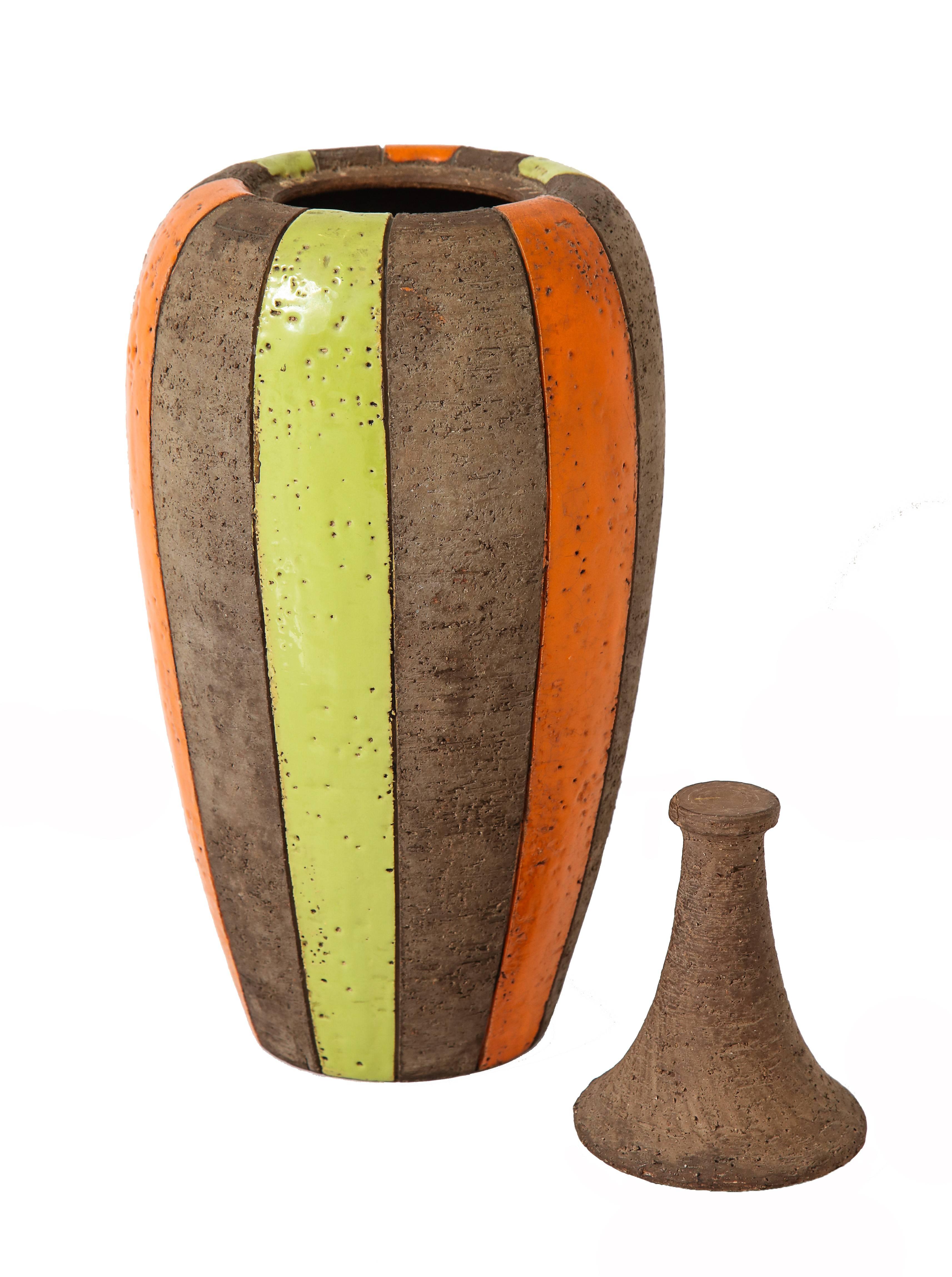 Bitossi-Vase mit Deckel, Keramik, maurische Streifen, Chartreuse und Orange, signiert (Italienisch) im Angebot