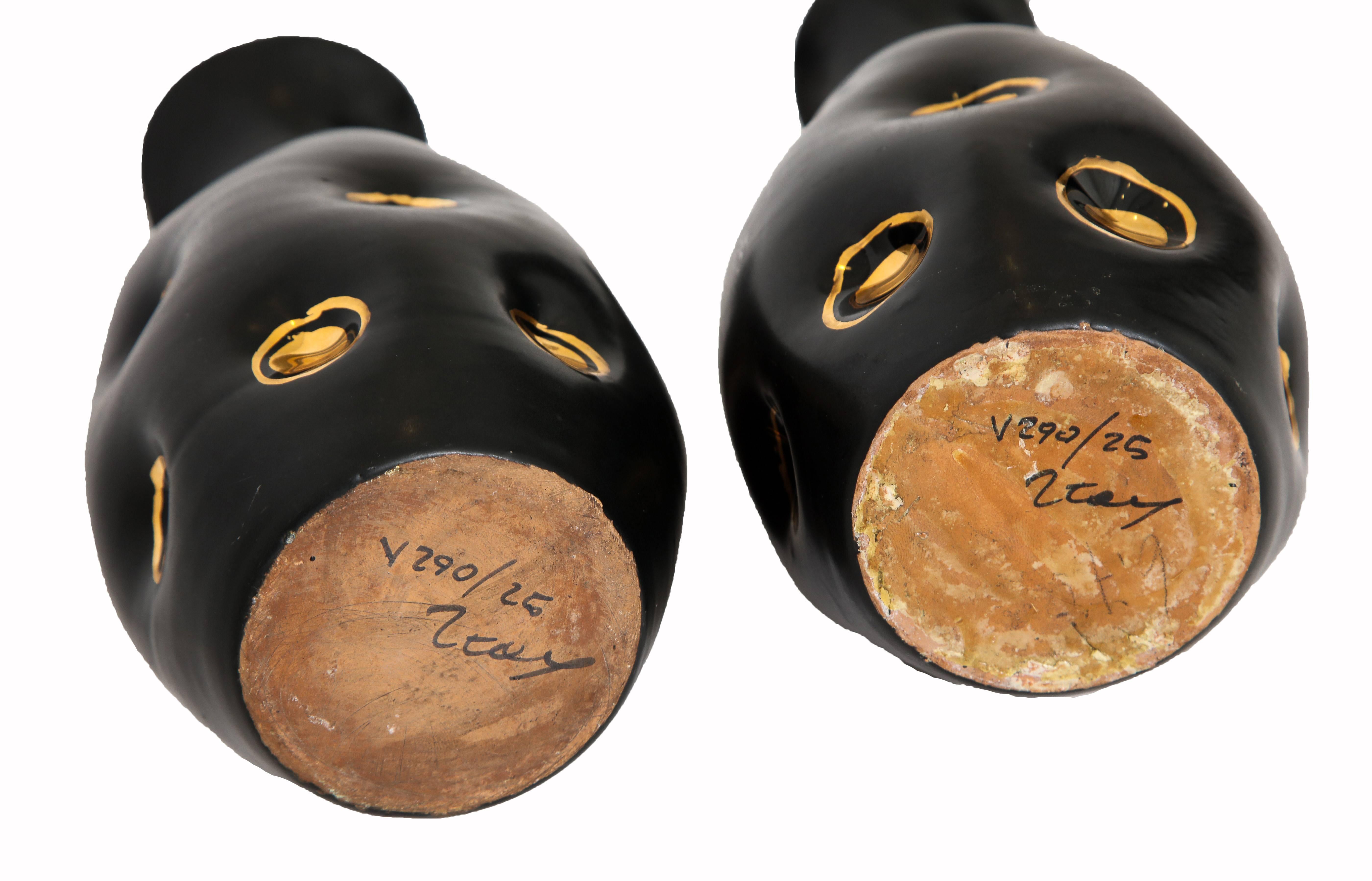 Modern Bitossi Ceramic Vases Pinched Black Gold Signed, Italy, 1960s