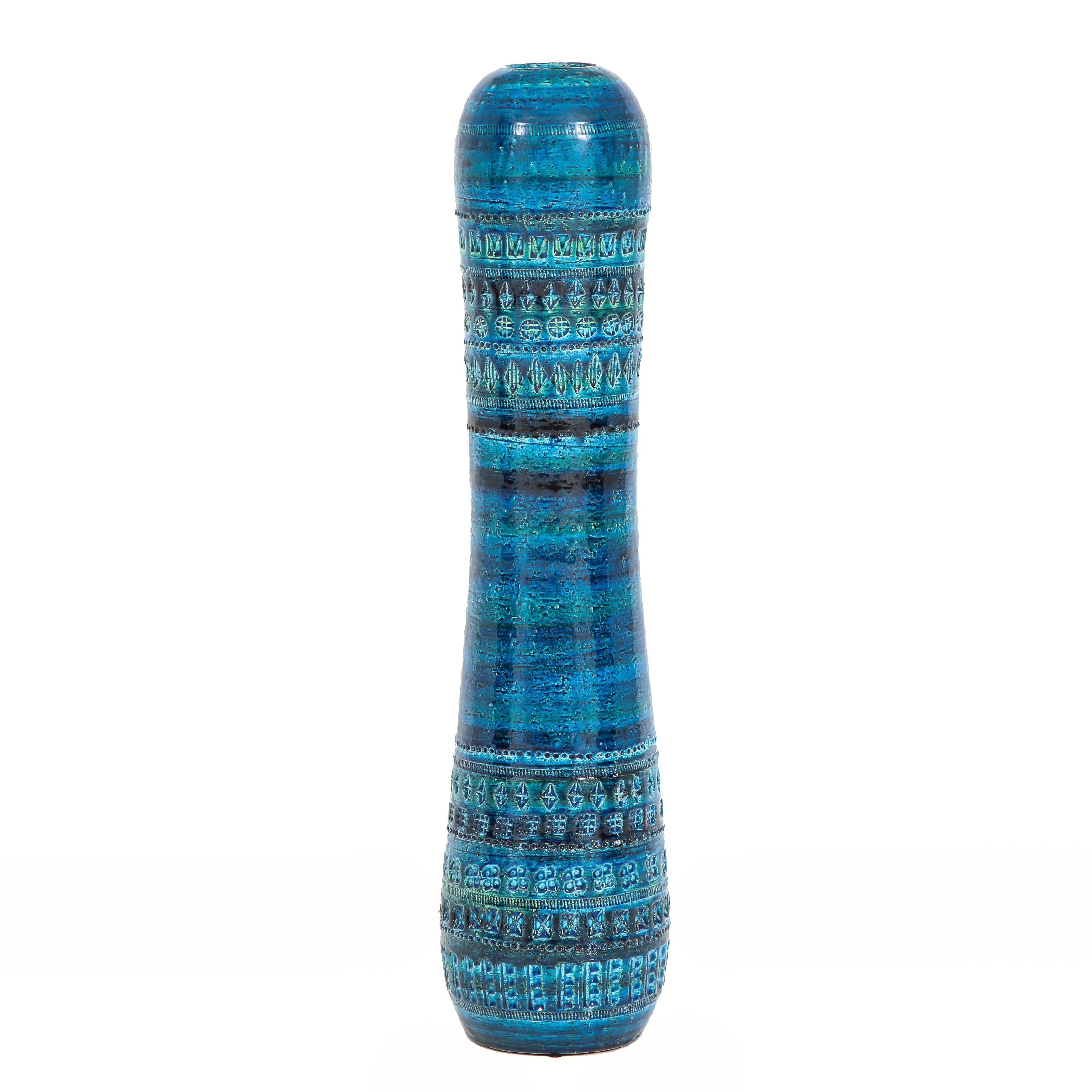 Aldo Londi Bitossi ceramic vase rimini blue signed, Italy, 1960s. Because of its large-scale (29 inches tall) this was more than likely an exhibition piece. Rimini blue glaze with bands of impressed geometric patterns. Rare and unusual. Signed V