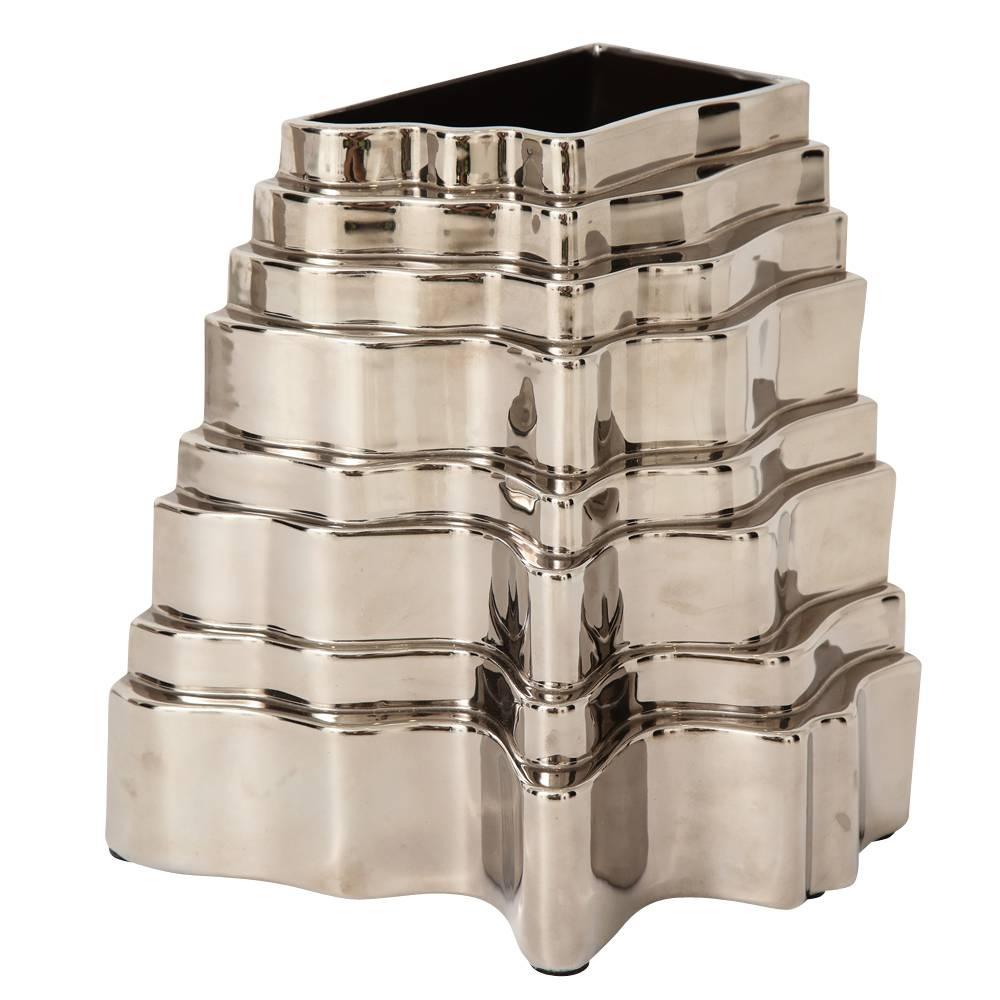 Vernissé Vases Sergio Asti Collina, céramique, chrome argenté métallique, signés en vente