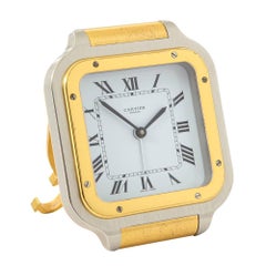 Cartier Clock Quartz Santos Gold-Plated Brushed Steel Signed, France, 1980s