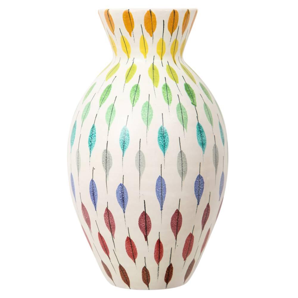 Bitossi Raymor ceramic vase Piume multi color feather signed, Italy, 1960s. Aldo Londi's iconic feather pattern motif: Piume multicolored. Tapered neck widens at the body. Signed J 050054, Italy on the underside of the vase. Londi was Bitoss's