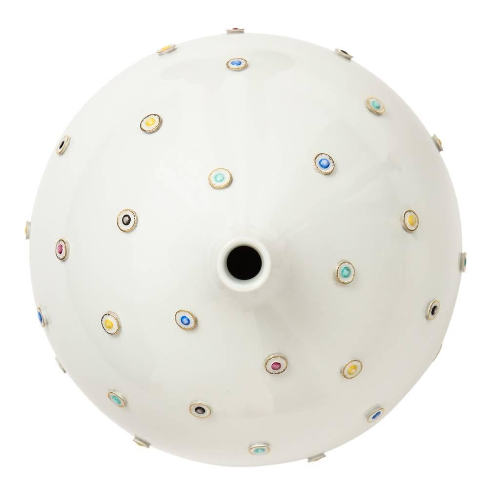 Hutschenreuther porcelain vase jewelled white signed, Germany, 1960s. Decorated with circular dot medallions of varying glaze colors; yellow, magenta, green, black, and blue. The Mark on underside: Hutschenreuther Selb LHS Germany Kunstabteilung