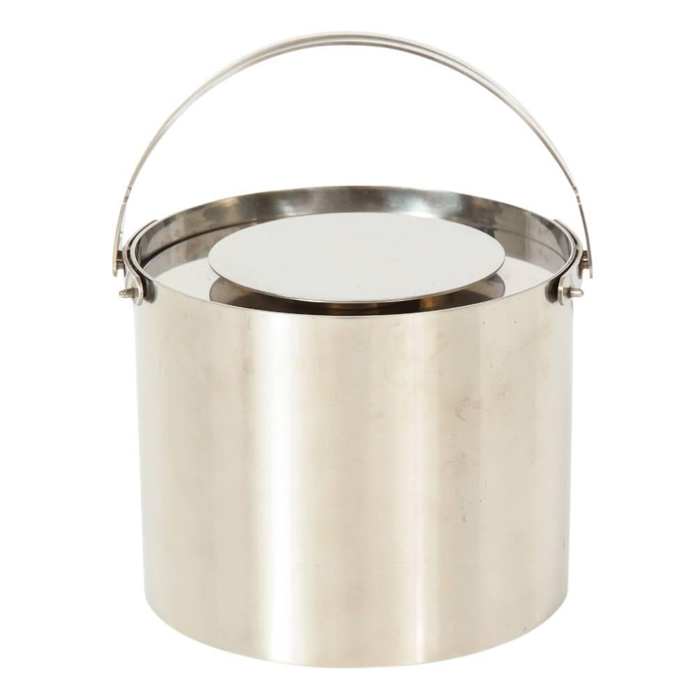 Modern Arne Jacobsen Ice Bucket Stainless Steel with Tongs Stelton Signed Denmark 1960s