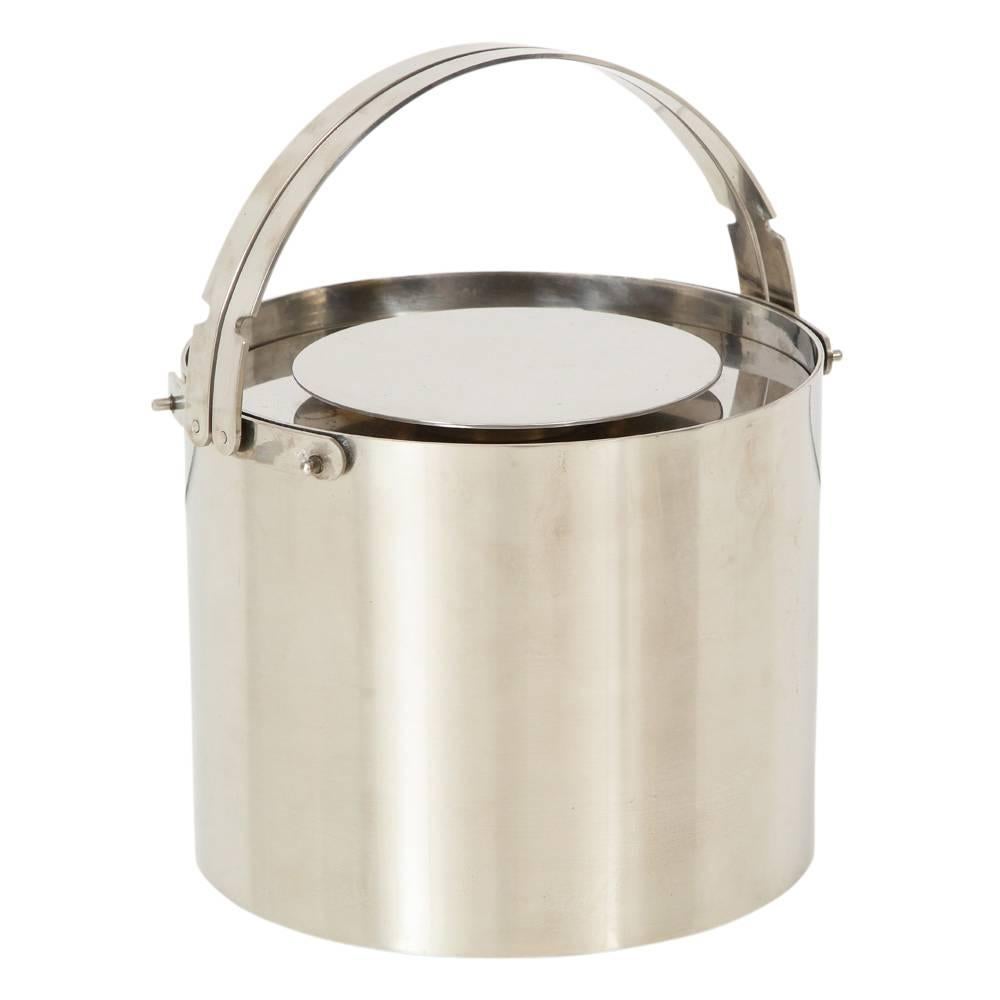 Danish Arne Jacobsen Ice Bucket Stainless Steel with Tongs Stelton Signed Denmark 1960s