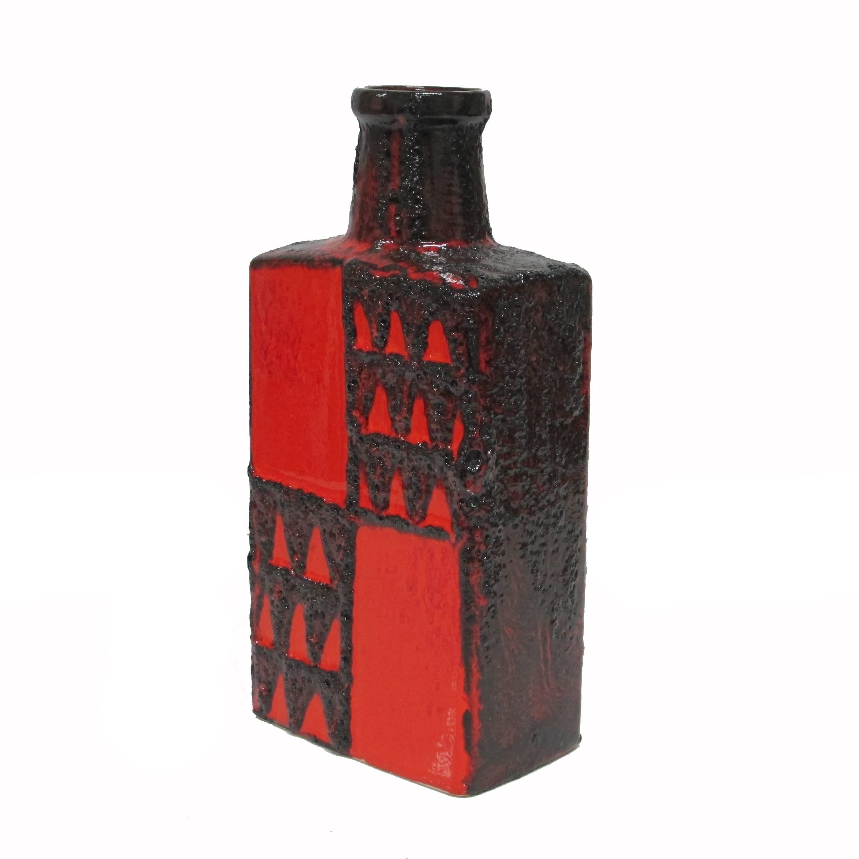 Mid-Century Modern Scheurich Keramic Vase, Lava Glaze, Ceramic, Red and Black, Geometric, Signed