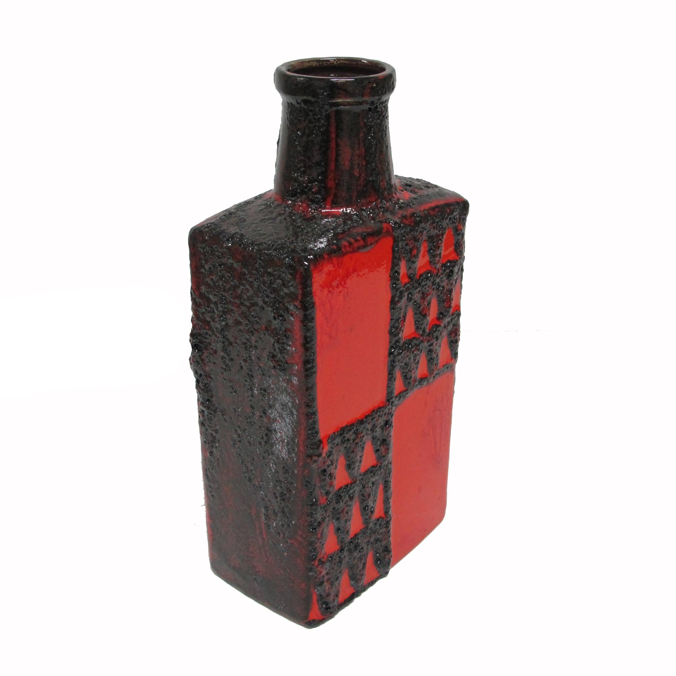 German Scheurich Keramic Vase, Lava Glaze, Ceramic, Red and Black, Geometric, Signed