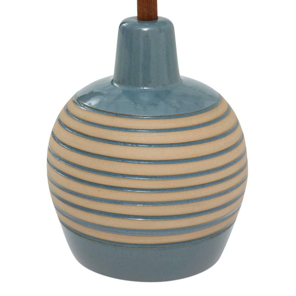 American Martz Ceramic Lamp, Blue and Tan, Teak, Signed