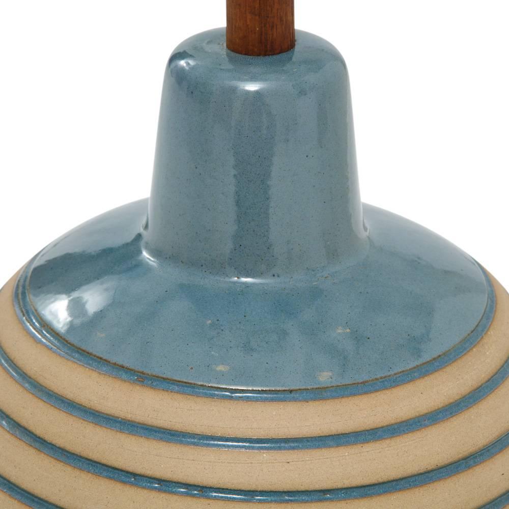 Martz Ceramic Lamp, Blue and Tan, Teak, Signed In Good Condition In New York, NY