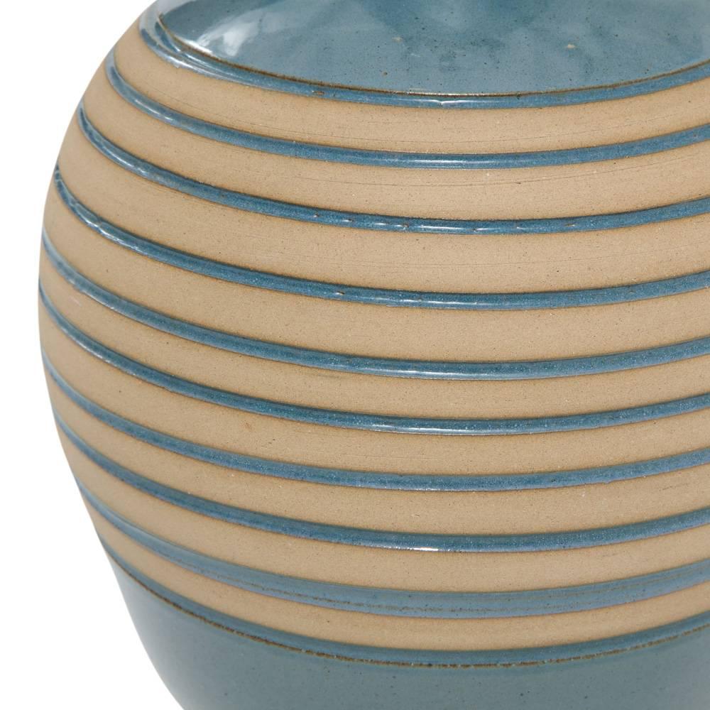 Mid-20th Century Martz Ceramic Lamp, Blue and Tan, Teak, Signed