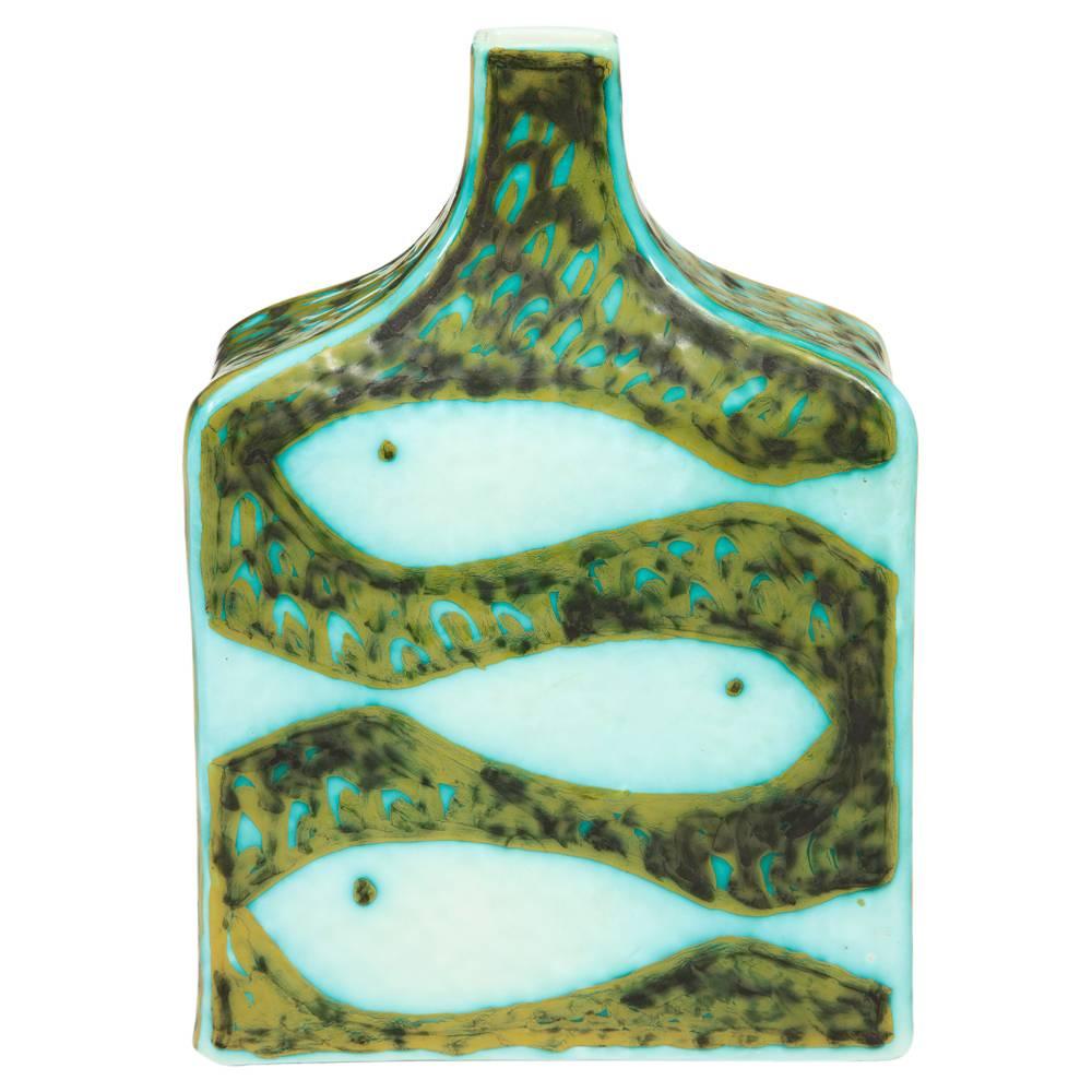 Alessio Tasca Raymor ceramic vase green white fish birds signed Italy, 1960s. Chunky rectangular vase decorated with an S-pattern of fish on one side and a V-shaped pattern of doves on the other. Marked Tasca Raymor Italy on the underside of the