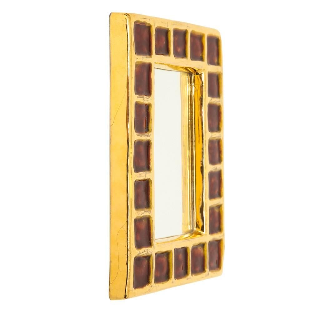 Mid-Century Modern Francois Lembo Mirror, Ceramic, Gold and Red, Signed For Sale