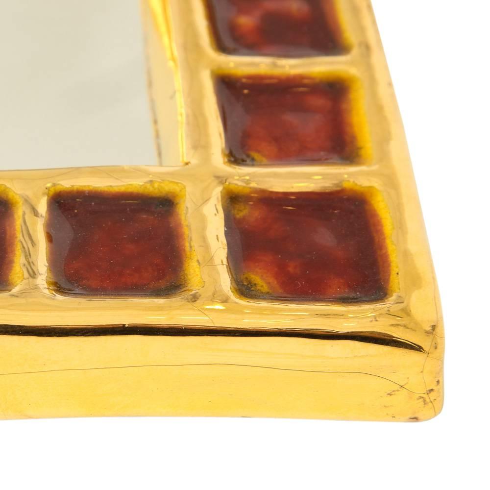 Vernissé Miroir Francois Lembo, Céramique, Or et Rouge, Signé en vente