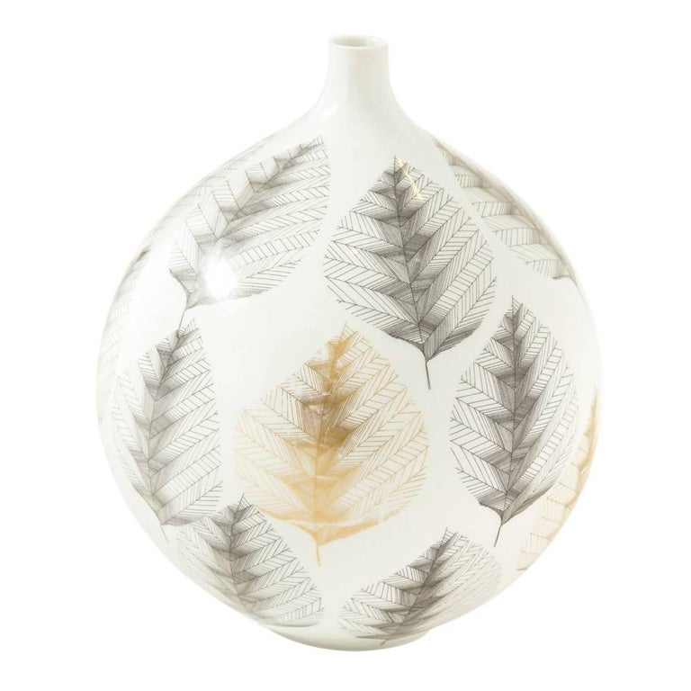 Glazed Hutschenreuther Vase, Porcelain, White, Black, Gold, Leaf Pattern, Signed For Sale