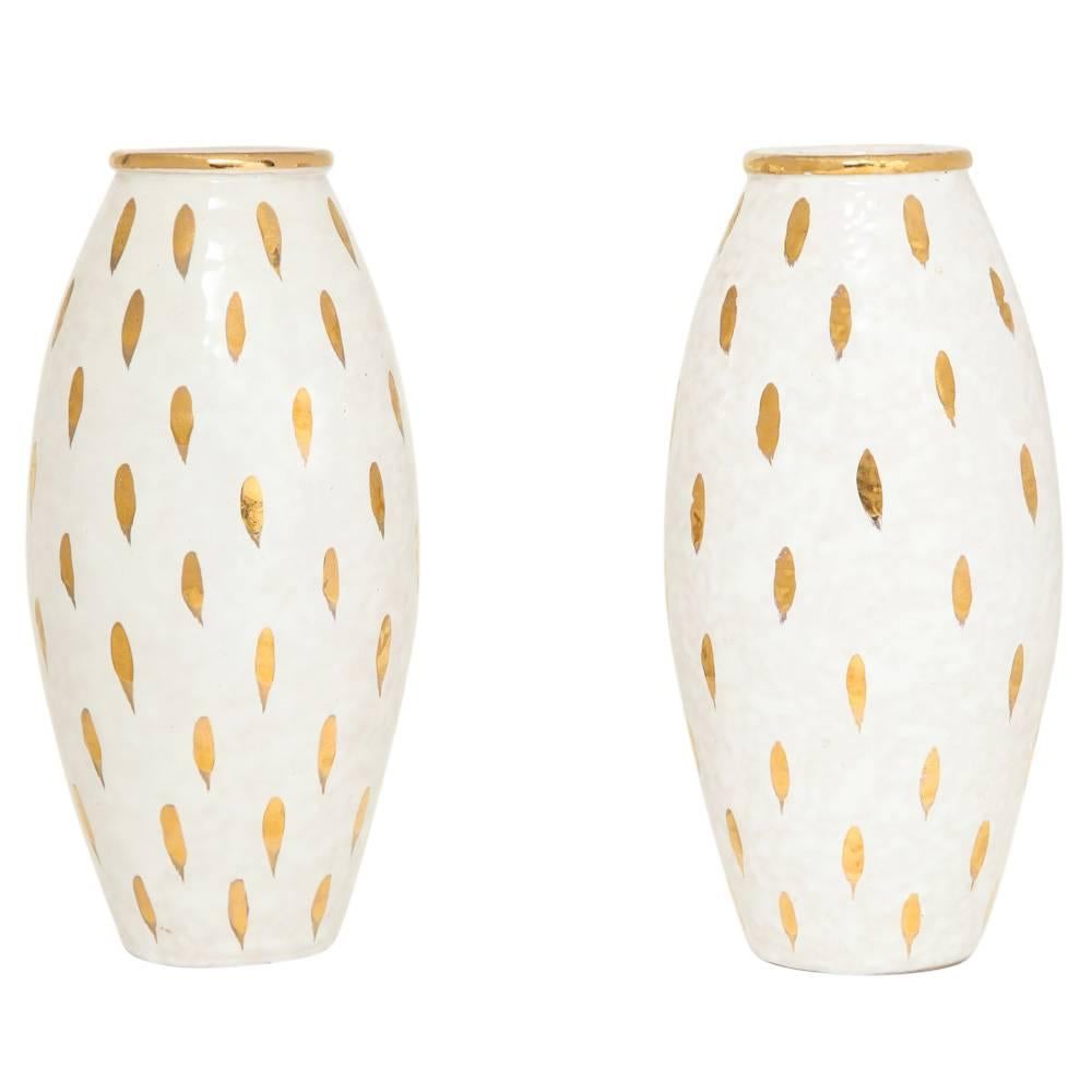 Mid-Century Modern Bitossi Ceramic Vases Pottery Gold White Piume Feather Signed, Italy, 1960s