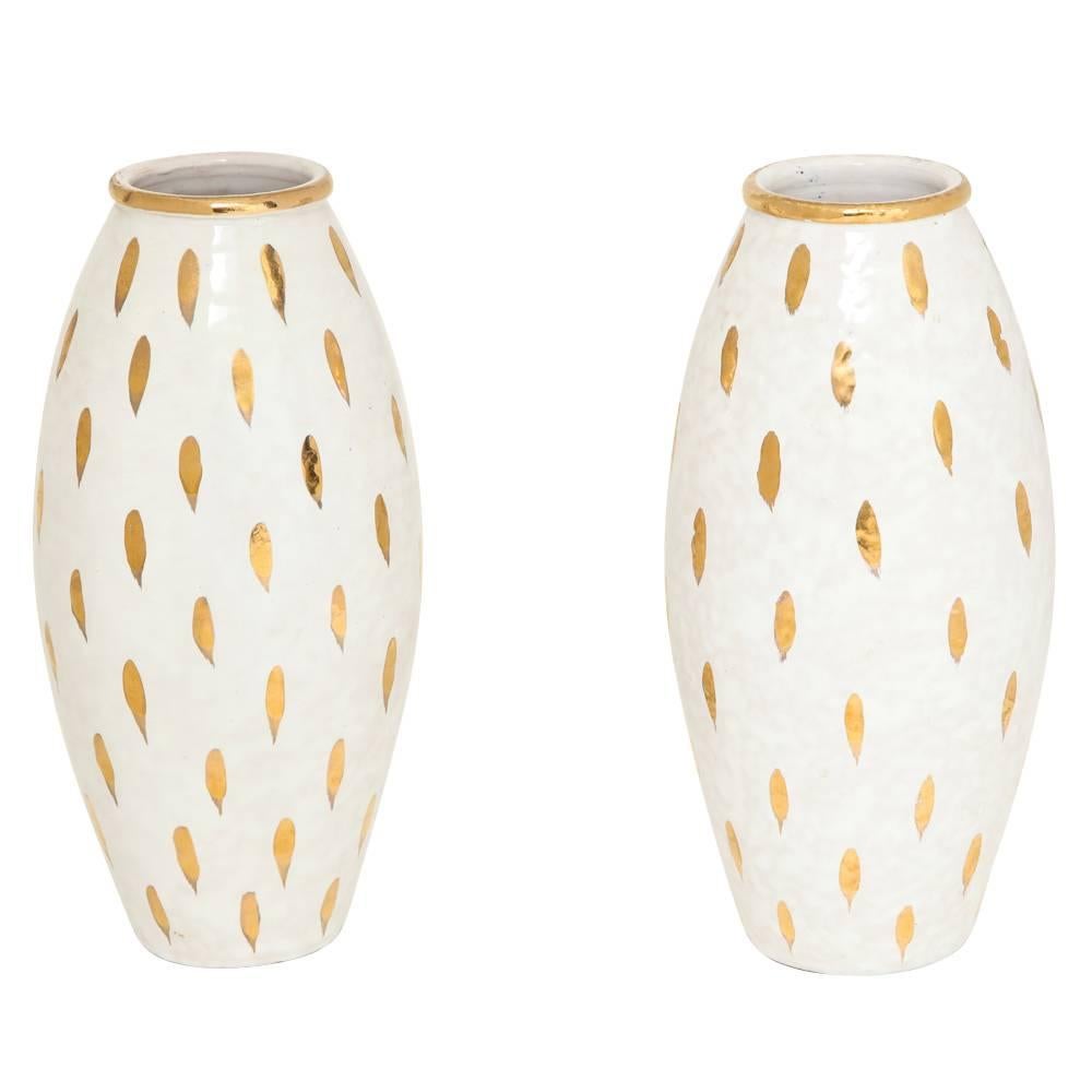 Italian Bitossi Ceramic Vases Pottery Gold White Piume Feather Signed, Italy, 1960s
