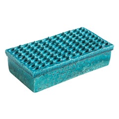 Bitossi Ceramic Box Blue Lidded Impressed Textured Pottery Signed Italy 1960s