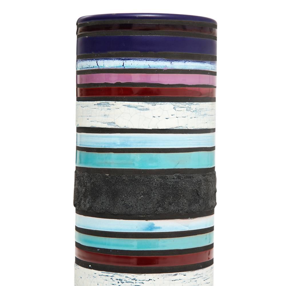 Smaltato Vaso Bitossi per Raymor Cambogia, Ceramica, Blu, Viola, Bianco, Strisce, Firmato in vendita